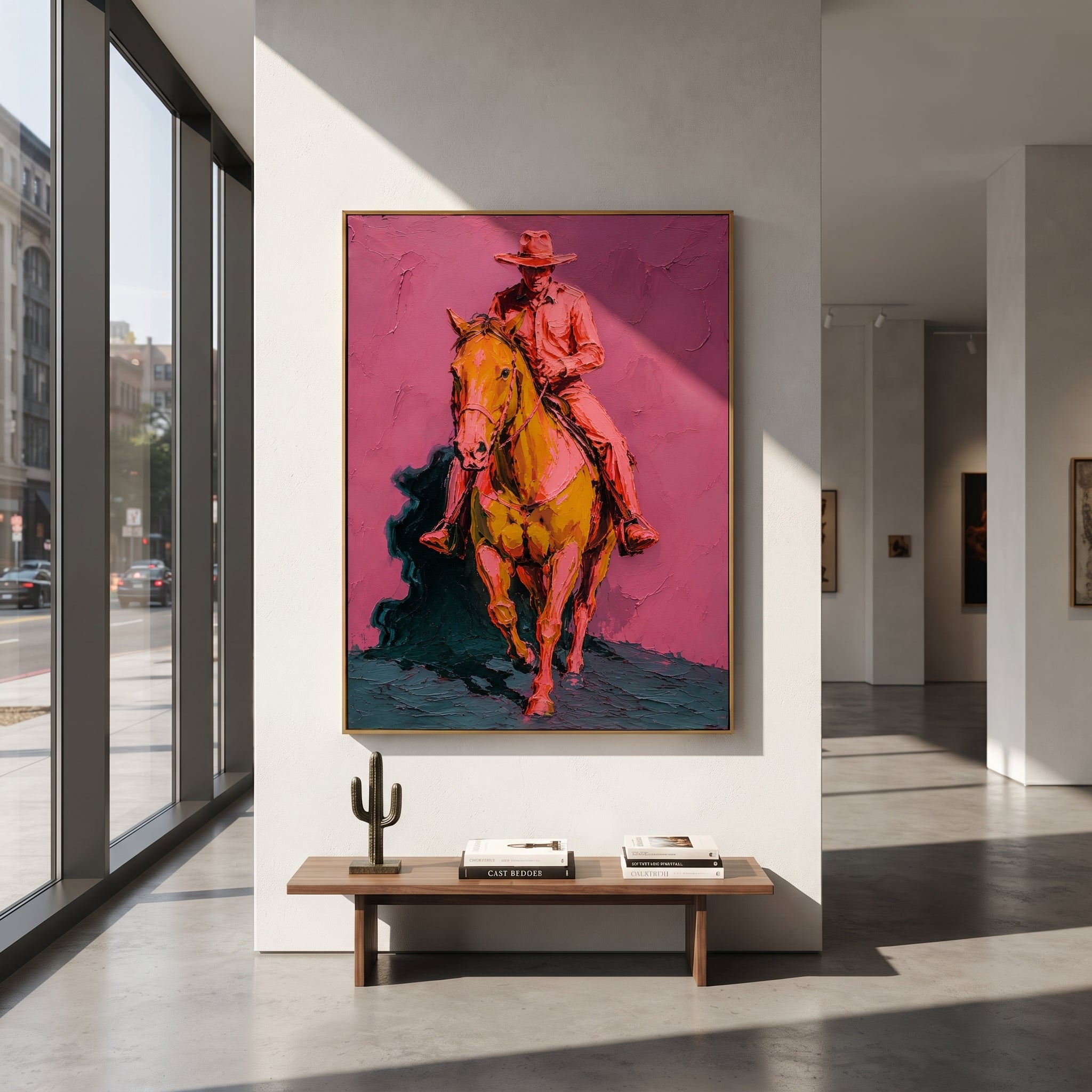 "Forward Cowboy Horse Painting" focuses on atmosphere, surface movement, and sculptural heavy impasto craftsmanship rather than a fixed literal storyline. The composition uses this hand-painted vertical canvas presents a cowboy and horse turning forward against a rose pink wall, with the rider set high above a golden brown horse as the visual anchor, while layered palette-knife paint, raised plaster-like texture, and softened brush movement create tactile depth across the canvas. Curated with a