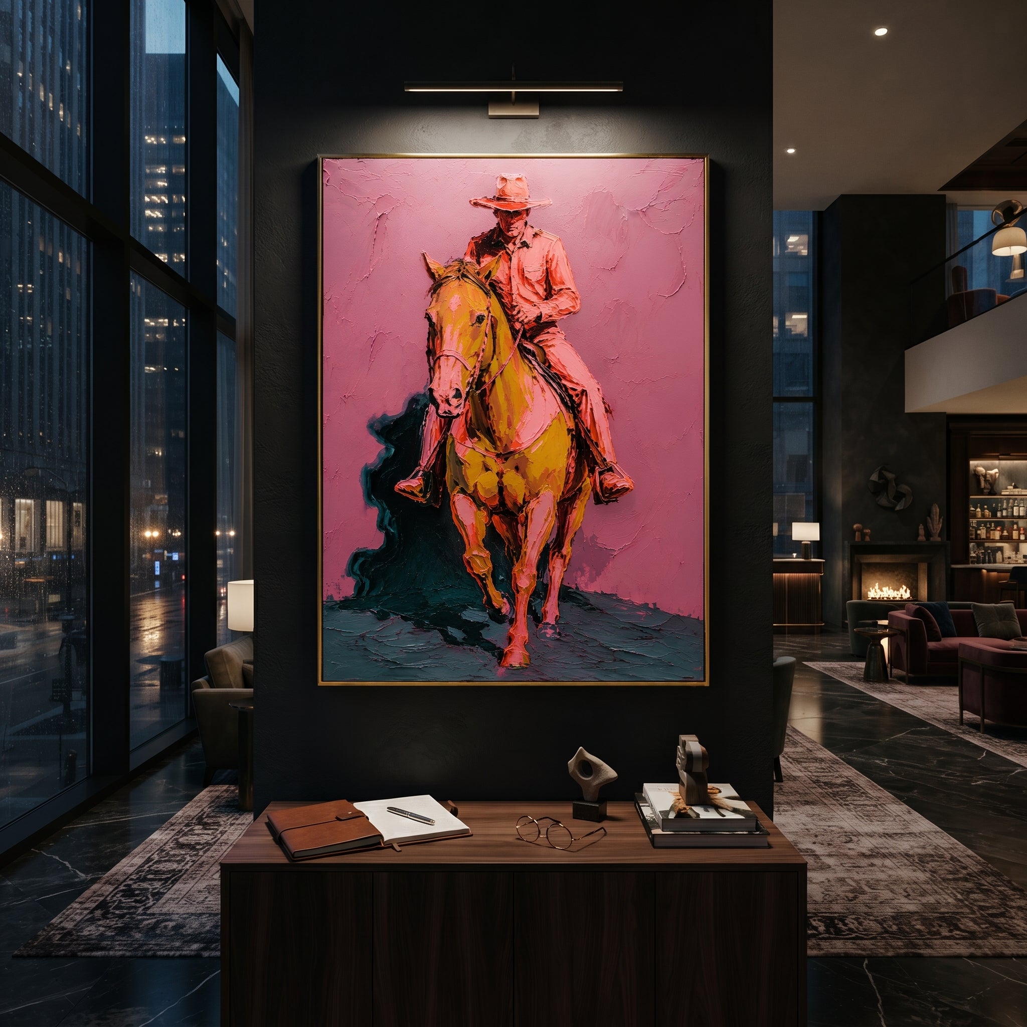 "Forward Cowboy Horse Painting" focuses on atmosphere, surface movement, and sculptural heavy impasto craftsmanship rather than a fixed literal storyline. The composition uses this hand-painted vertical canvas presents a cowboy and horse turning forward against a rose pink wall, with the rider set high above a golden brown horse as the visual anchor, while layered palette-knife paint, raised plaster-like texture, and softened brush movement create tactile depth across the canvas. Curated with a