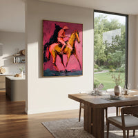 "Leaping Horse Cowboy Painting" focuses on atmosphere, surface movement, and sculptural heavy impasto craftsmanship rather than a fixed literal storyline. The composition uses this hand-painted vertical canvas captures a cowboy on a leaping golden horse, its front leg raised sharply against the saturated pink background as the visual anchor, while layered palette-knife paint, raised plaster-like texture, and softened brush movement create tactile depth across the canvas. Curated with a balanced