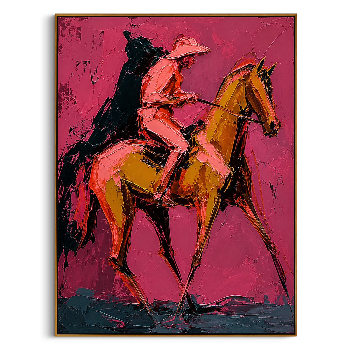 "Leaping Horse Cowboy Painting" - Modern Heavy Impasto Western Animal Artwork | Pink & Brown Palette Knife Painting | Luxury Vertical Wall Art #PT 1504