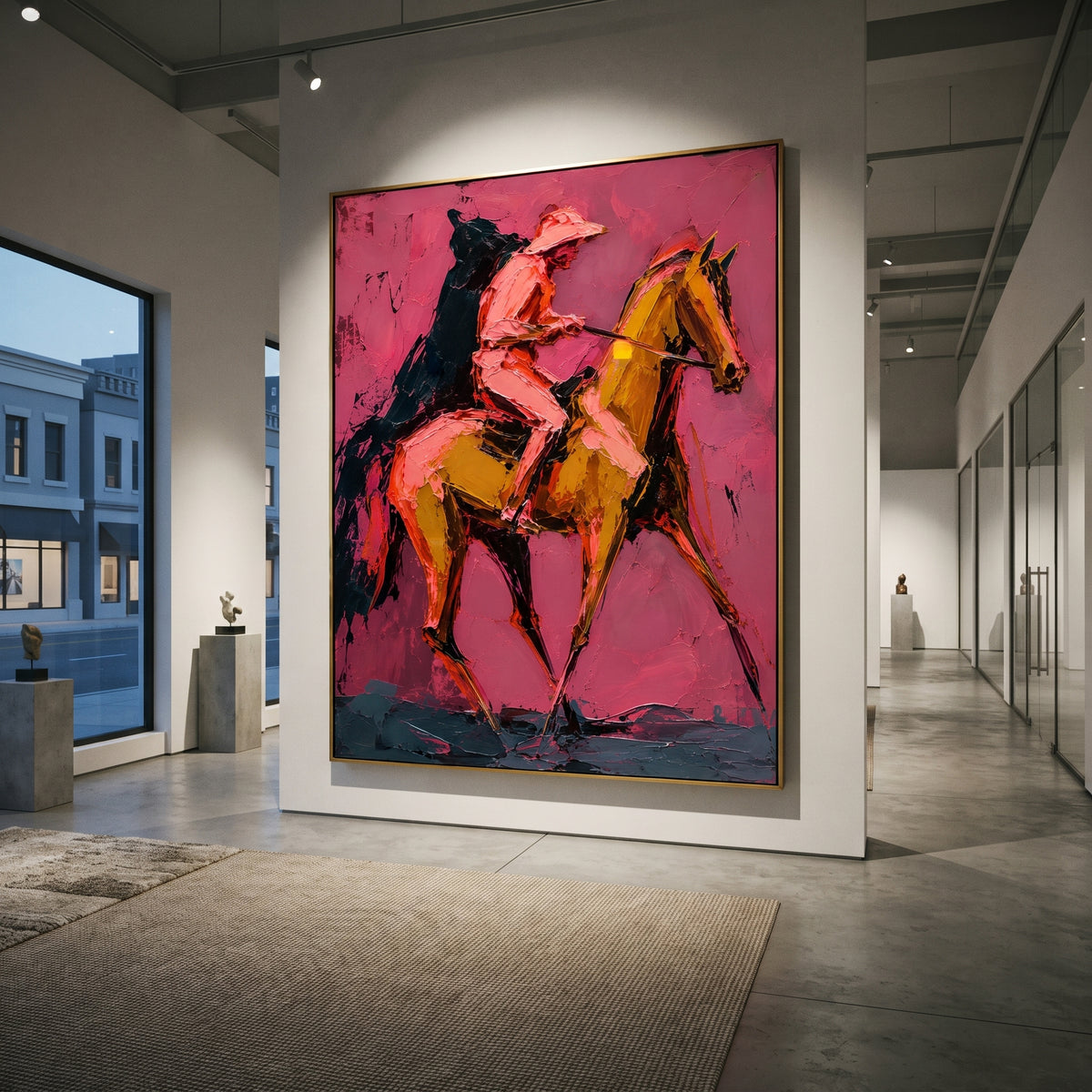 "Leaping Horse Cowboy Painting" focuses on atmosphere, surface movement, and sculptural heavy impasto craftsmanship rather than a fixed literal storyline. The composition uses this hand-painted vertical canvas captures a cowboy on a leaping golden horse, its front leg raised sharply against the saturated pink background as the visual anchor, while layered palette-knife paint, raised plaster-like texture, and softened brush movement create tactile depth across the canvas. Curated with a balanced