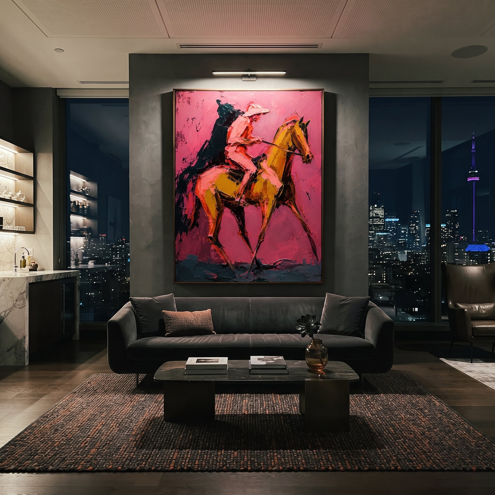 "Leaping Horse Cowboy Painting" focuses on atmosphere, surface movement, and sculptural heavy impasto craftsmanship rather than a fixed literal storyline. The composition uses this hand-painted vertical canvas captures a cowboy on a leaping golden horse, its front leg raised sharply against the saturated pink background as the visual anchor, while layered palette-knife paint, raised plaster-like texture, and softened brush movement create tactile depth across the canvas. Curated with a balanced