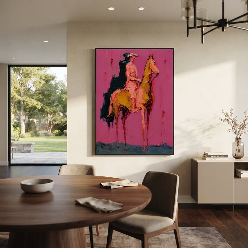 "Walking Pink Rider Horse Painting" - Modern Heavy Impasto Western Animal Artwork | Pink & Brown Palette Knife Painting | Luxury Vertical Wall Art #PT 1505