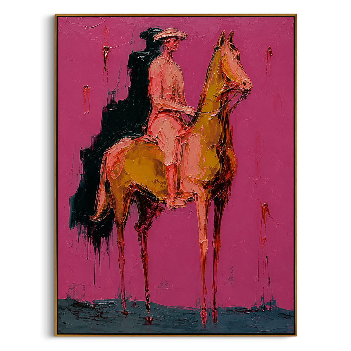 "Walking Pink Rider Horse Painting" - Modern Heavy Impasto Western Animal Artwork | Pink & Brown Palette Knife Painting | Luxury Vertical Wall Art #PT 1505