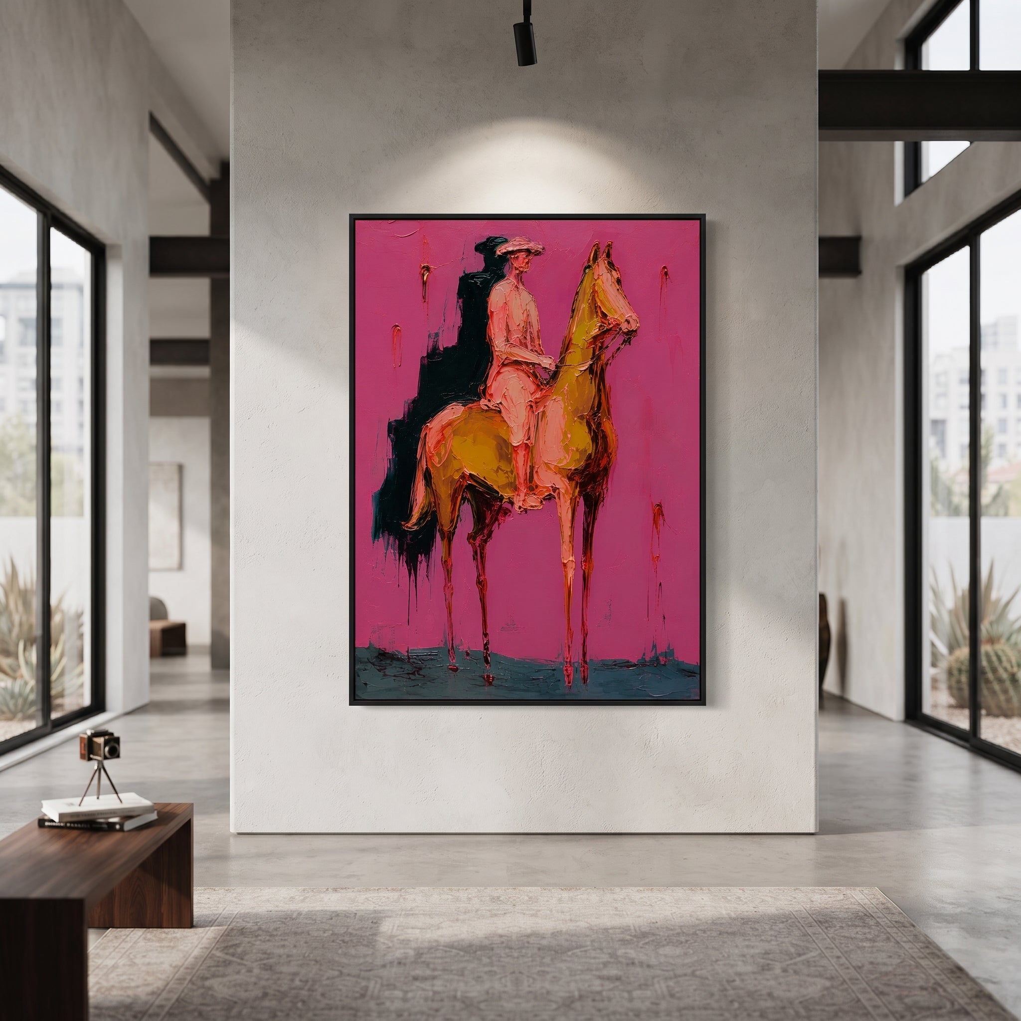 "Walking Pink Rider Horse Painting" focuses on atmosphere, surface movement, and sculptural heavy impasto craftsmanship rather than a fixed literal storyline. The composition uses this hand-painted vertical canvas shows a cowboy riding a golden brown horse in a left-facing walking pose as the visual anchor, while layered palette-knife paint, raised plaster-like texture, and softened brush movement create tactile depth across the canvas. Curated with a balanced pink, brown, green palette, the