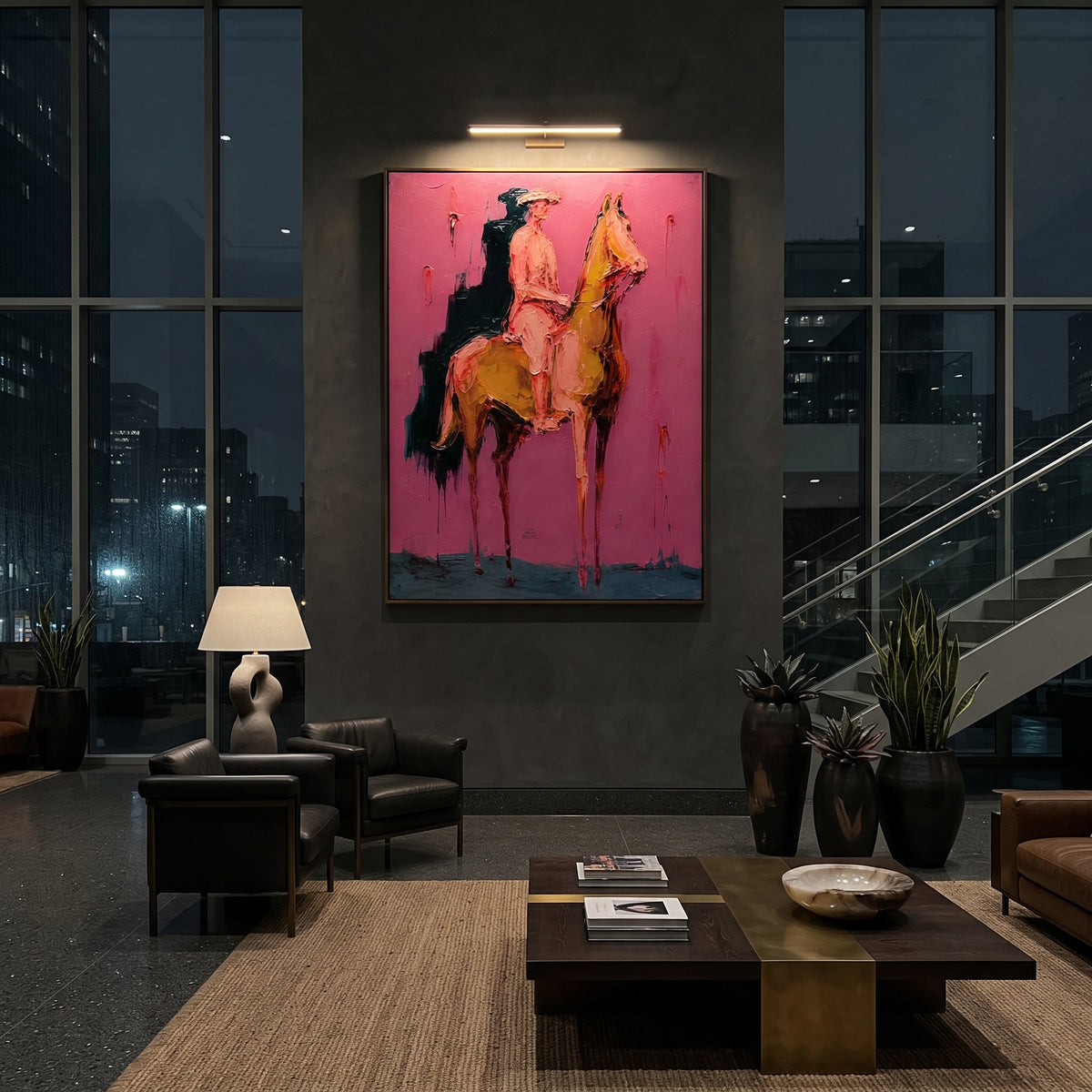 "Walking Pink Rider Horse Painting" focuses on atmosphere, surface movement, and sculptural heavy impasto craftsmanship rather than a fixed literal storyline. The composition uses this hand-painted vertical canvas shows a cowboy riding a golden brown horse in a left-facing walking pose as the visual anchor, while layered palette-knife paint, raised plaster-like texture, and softened brush movement create tactile depth across the canvas. Curated with a balanced pink, brown, green palette, the