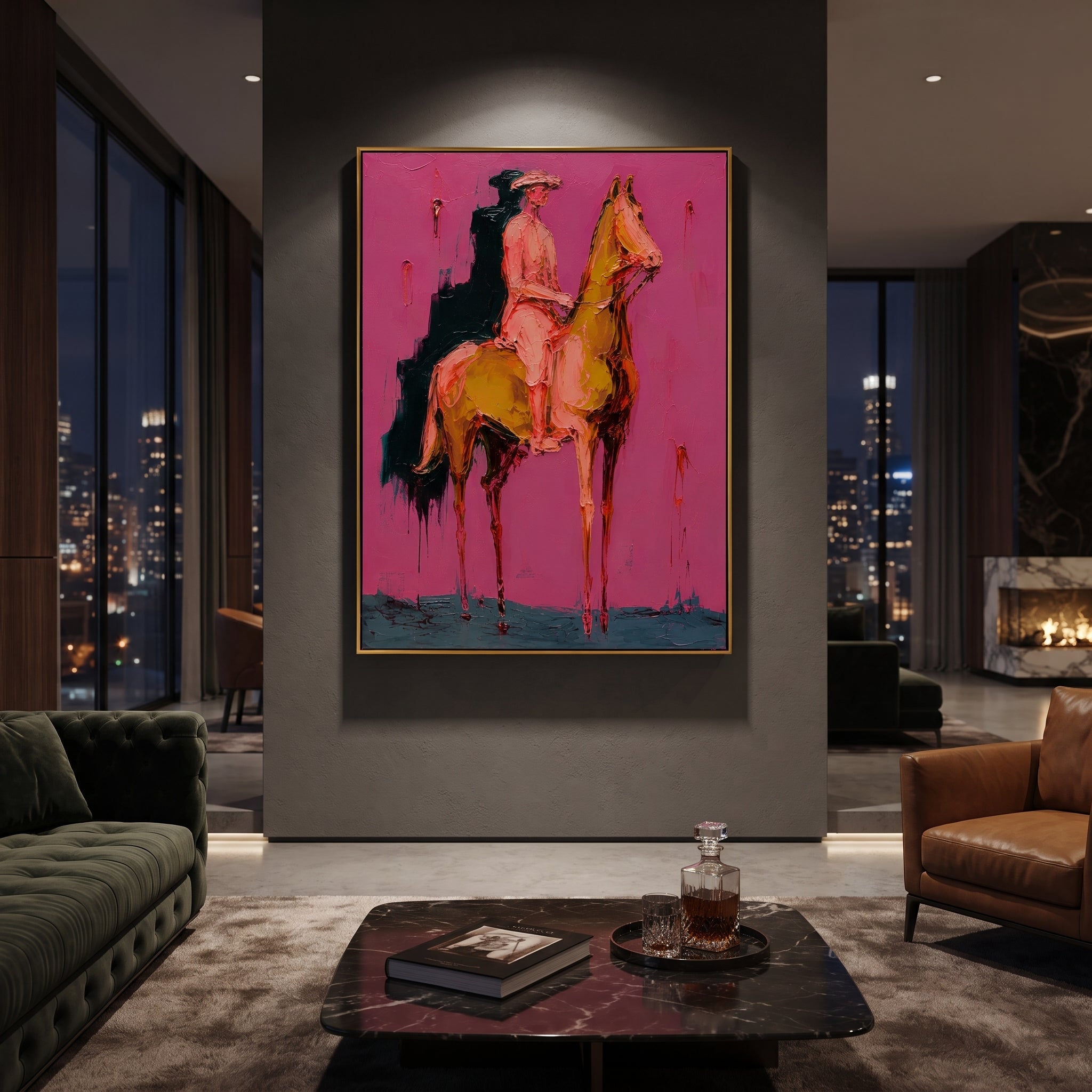 "Walking Pink Rider Horse Painting" focuses on atmosphere, surface movement, and sculptural heavy impasto craftsmanship rather than a fixed literal storyline. The composition uses this hand-painted vertical canvas shows a cowboy riding a golden brown horse in a left-facing walking pose as the visual anchor, while layered palette-knife paint, raised plaster-like texture, and softened brush movement create tactile depth across the canvas. Curated with a balanced pink, brown, green palette, the