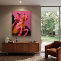 "Close Pink Cowboy Horse Painting" focuses on atmosphere, surface movement, and sculptural heavy impasto craftsmanship rather than a fixed literal storyline. The composition uses this hand-painted vertical canvas presents a close-up view of a cowboy holding the reins on a golden brown horse, with the horse head filling the right side of the frame as the visual anchor, while layered palette-knife paint, raised plaster-like texture, and softened brush movement create tactile depth across the