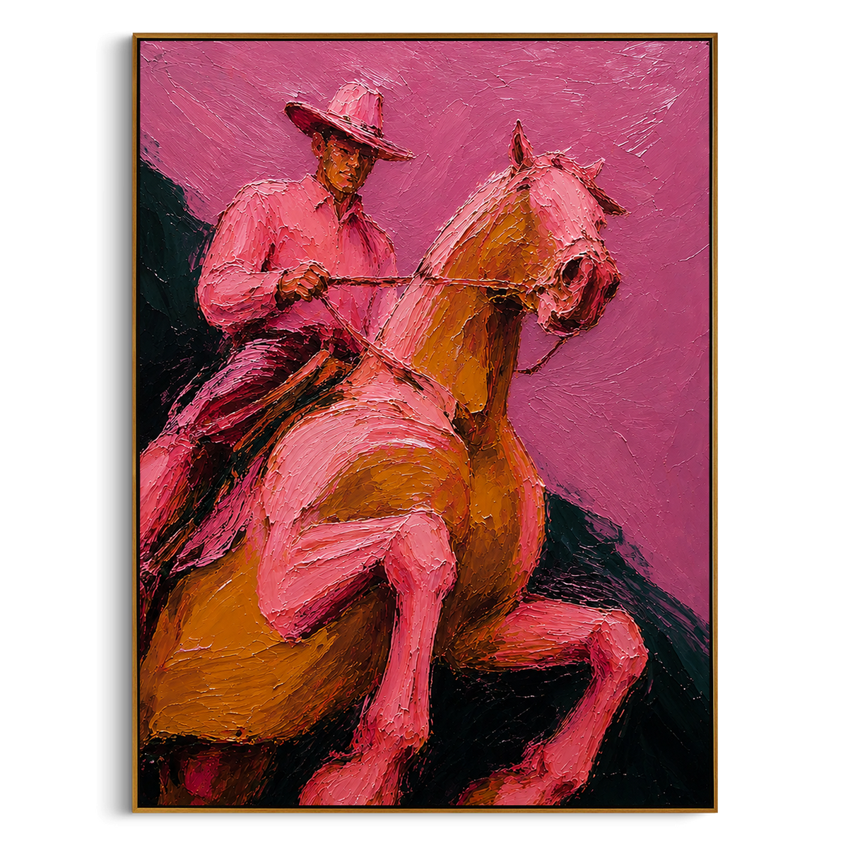 "Close Pink Cowboy Horse Painting" - Modern Heavy Impasto Western Animal Artwork | Pink & Brown Palette Knife Painting | Luxury Vertical Wall Art #PT 1506