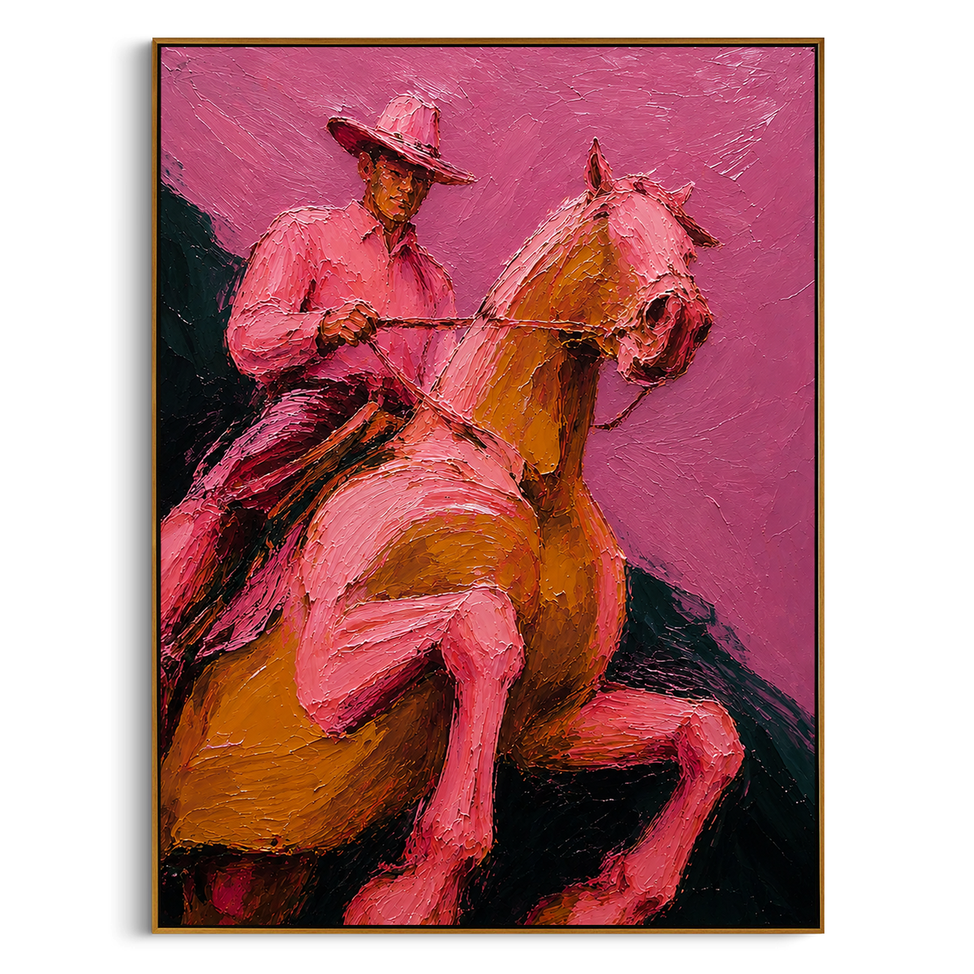 "Close Pink Cowboy Horse Painting" focuses on atmosphere, surface movement, and sculptural heavy impasto craftsmanship rather than a fixed literal storyline. The composition uses this hand-painted vertical canvas presents a close-up view of a cowboy holding the reins on a golden brown horse, with the horse head filling the right side of the frame as the visual anchor, while layered palette-knife paint, raised plaster-like texture, and softened brush movement create tactile depth across the