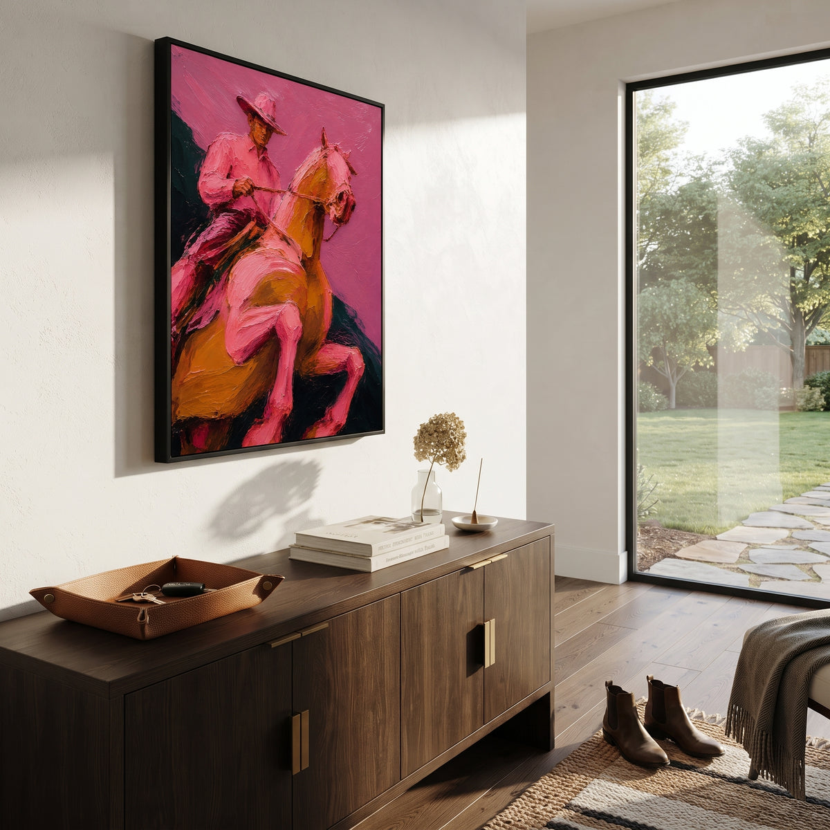 "Close Pink Cowboy Horse Painting" focuses on atmosphere, surface movement, and sculptural heavy impasto craftsmanship rather than a fixed literal storyline. The composition uses this hand-painted vertical canvas presents a close-up view of a cowboy holding the reins on a golden brown horse, with the horse head filling the right side of the frame as the visual anchor, while layered palette-knife paint, raised plaster-like texture, and softened brush movement create tactile depth across the