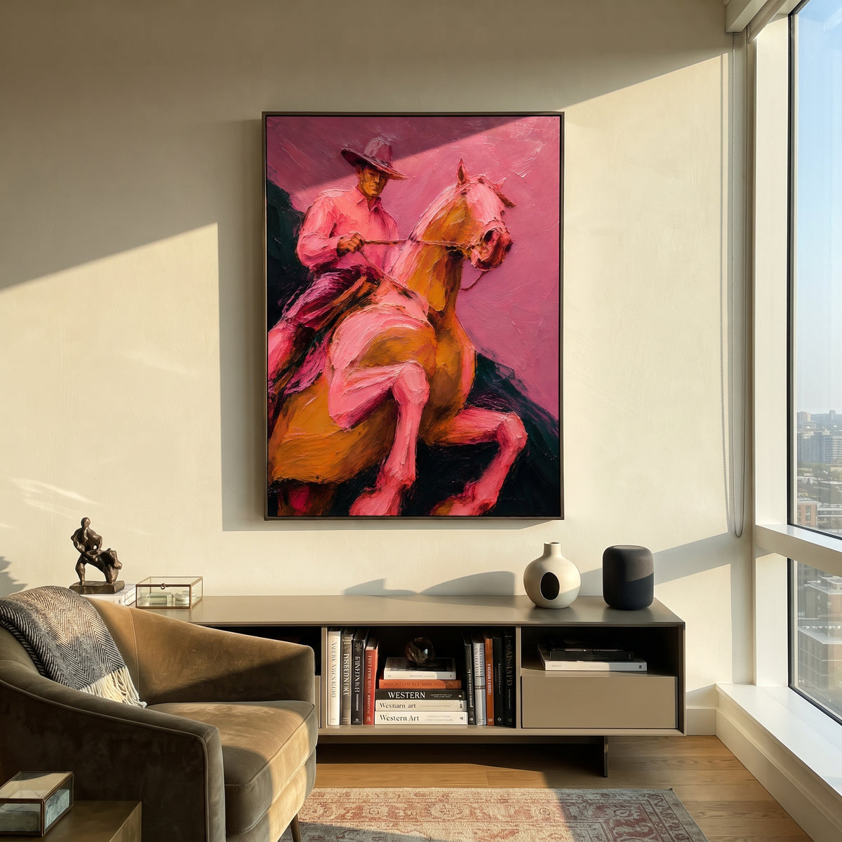 "Close Pink Cowboy Horse Painting" focuses on atmosphere, surface movement, and sculptural heavy impasto craftsmanship rather than a fixed literal storyline. The composition uses this hand-painted vertical canvas presents a close-up view of a cowboy holding the reins on a golden brown horse, with the horse head filling the right side of the frame as the visual anchor, while layered palette-knife paint, raised plaster-like texture, and softened brush movement create tactile depth across the