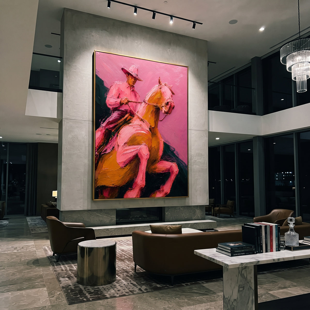 "Close Pink Cowboy Horse Painting" focuses on atmosphere, surface movement, and sculptural heavy impasto craftsmanship rather than a fixed literal storyline. The composition uses this hand-painted vertical canvas presents a close-up view of a cowboy holding the reins on a golden brown horse, with the horse head filling the right side of the frame as the visual anchor, while layered palette-knife paint, raised plaster-like texture, and softened brush movement create tactile depth across the
