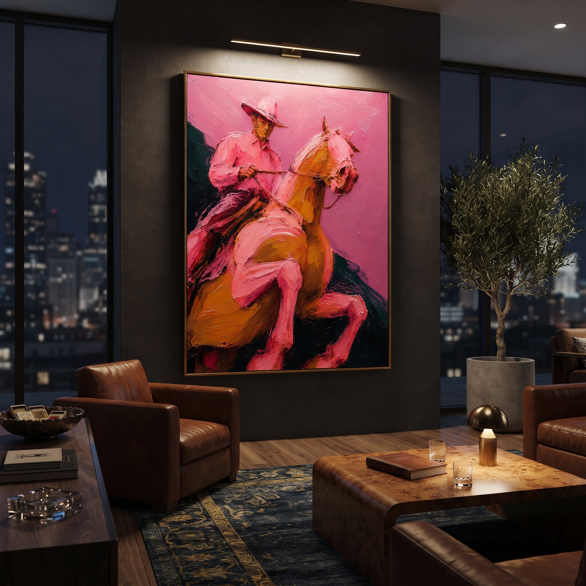 "Close Pink Cowboy Horse Painting" focuses on atmosphere, surface movement, and sculptural heavy impasto craftsmanship rather than a fixed literal storyline. The composition uses this hand-painted vertical canvas presents a close-up view of a cowboy holding the reins on a golden brown horse, with the horse head filling the right side of the frame as the visual anchor, while layered palette-knife paint, raised plaster-like texture, and softened brush movement create tactile depth across the
