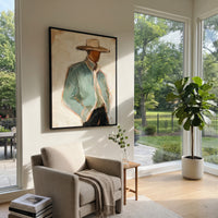 "Shadowed Sage Cowboy Portrait Painting" focuses on atmosphere, surface movement, and sculptural heavy impasto craftsmanship rather than a fixed literal storyline. The composition uses this hand-painted vertical canvas shows a close cropped cowboy in a wide tan hat and pale sage jacket, his face partly hidden by the brim as the visual anchor, while layered palette-knife paint, raised plaster-like texture, and softened brush movement create tactile depth across the canvas. Curated with a balanced