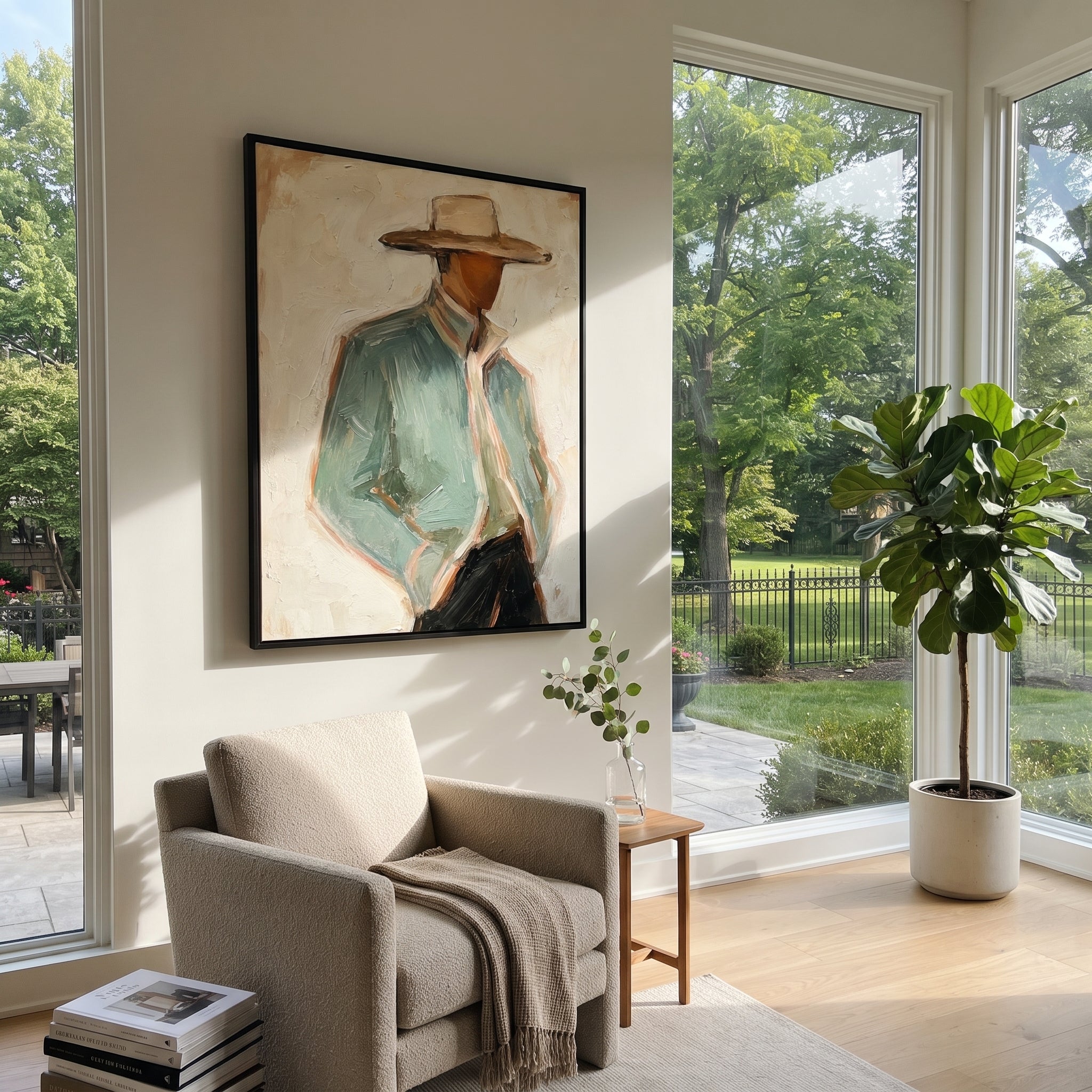 "Shadowed Sage Cowboy Portrait Painting" focuses on atmosphere, surface movement, and sculptural heavy impasto craftsmanship rather than a fixed literal storyline. The composition uses this hand-painted vertical canvas shows a close cropped cowboy in a wide tan hat and pale sage jacket, his face partly hidden by the brim as the visual anchor, while layered palette-knife paint, raised plaster-like texture, and softened brush movement create tactile depth across the canvas. Curated with a balanced