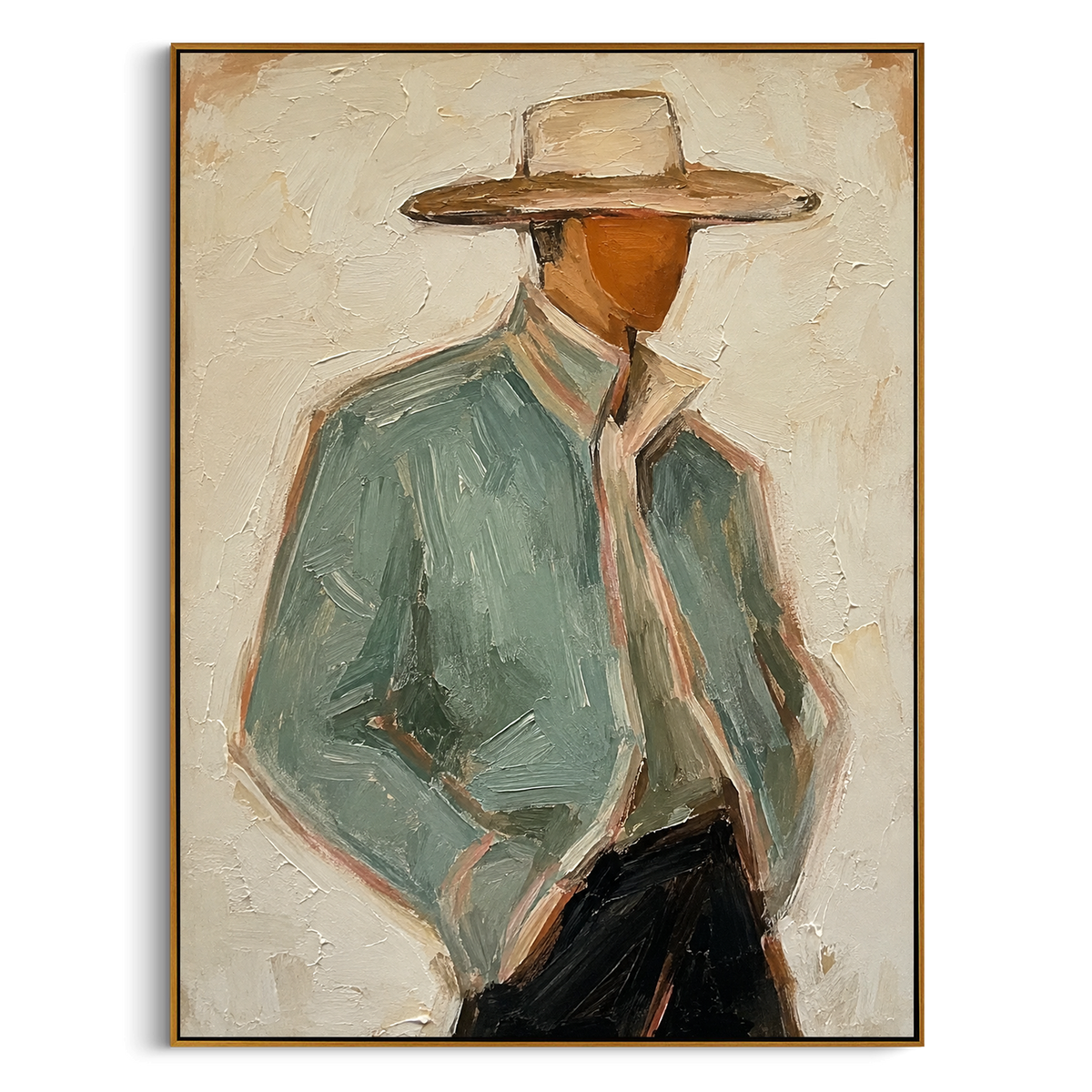 "Shadowed Sage Cowboy Portrait Painting" - Modern Heavy Impasto Western Animal Artwork | Green & Beige Palette Knife Painting | Luxury Vertical Wall Art #PT 1507