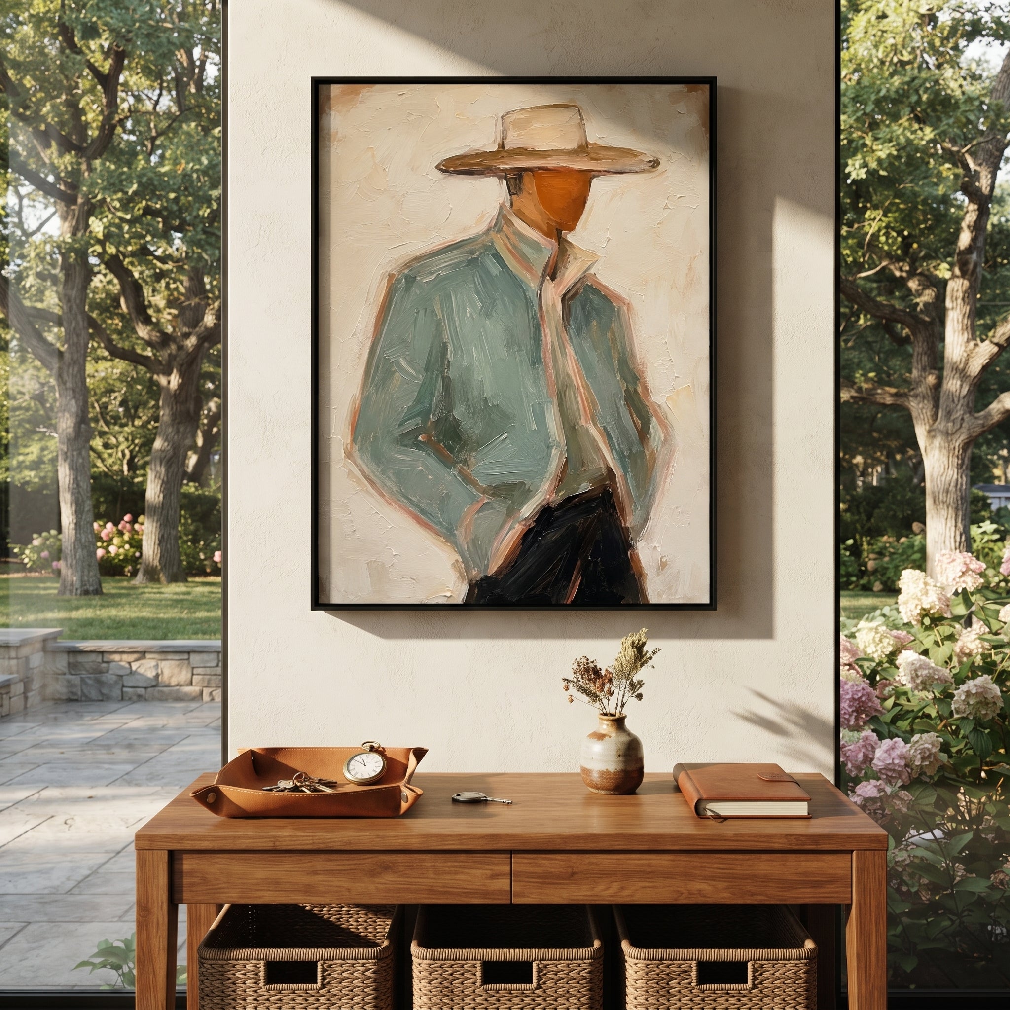 "Shadowed Sage Cowboy Portrait Painting" focuses on atmosphere, surface movement, and sculptural heavy impasto craftsmanship rather than a fixed literal storyline. The composition uses this hand-painted vertical canvas shows a close cropped cowboy in a wide tan hat and pale sage jacket, his face partly hidden by the brim as the visual anchor, while layered palette-knife paint, raised plaster-like texture, and softened brush movement create tactile depth across the canvas. Curated with a balanced