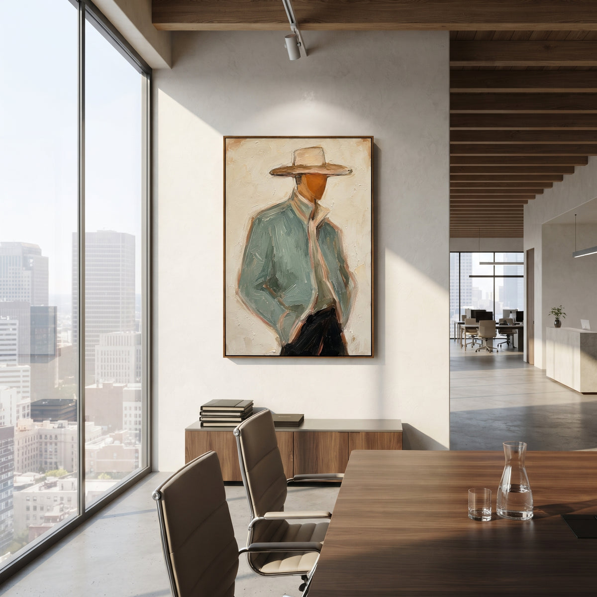"Shadowed Sage Cowboy Portrait Painting" focuses on atmosphere, surface movement, and sculptural heavy impasto craftsmanship rather than a fixed literal storyline. The composition uses this hand-painted vertical canvas shows a close cropped cowboy in a wide tan hat and pale sage jacket, his face partly hidden by the brim as the visual anchor, while layered palette-knife paint, raised plaster-like texture, and softened brush movement create tactile depth across the canvas. Curated with a balanced