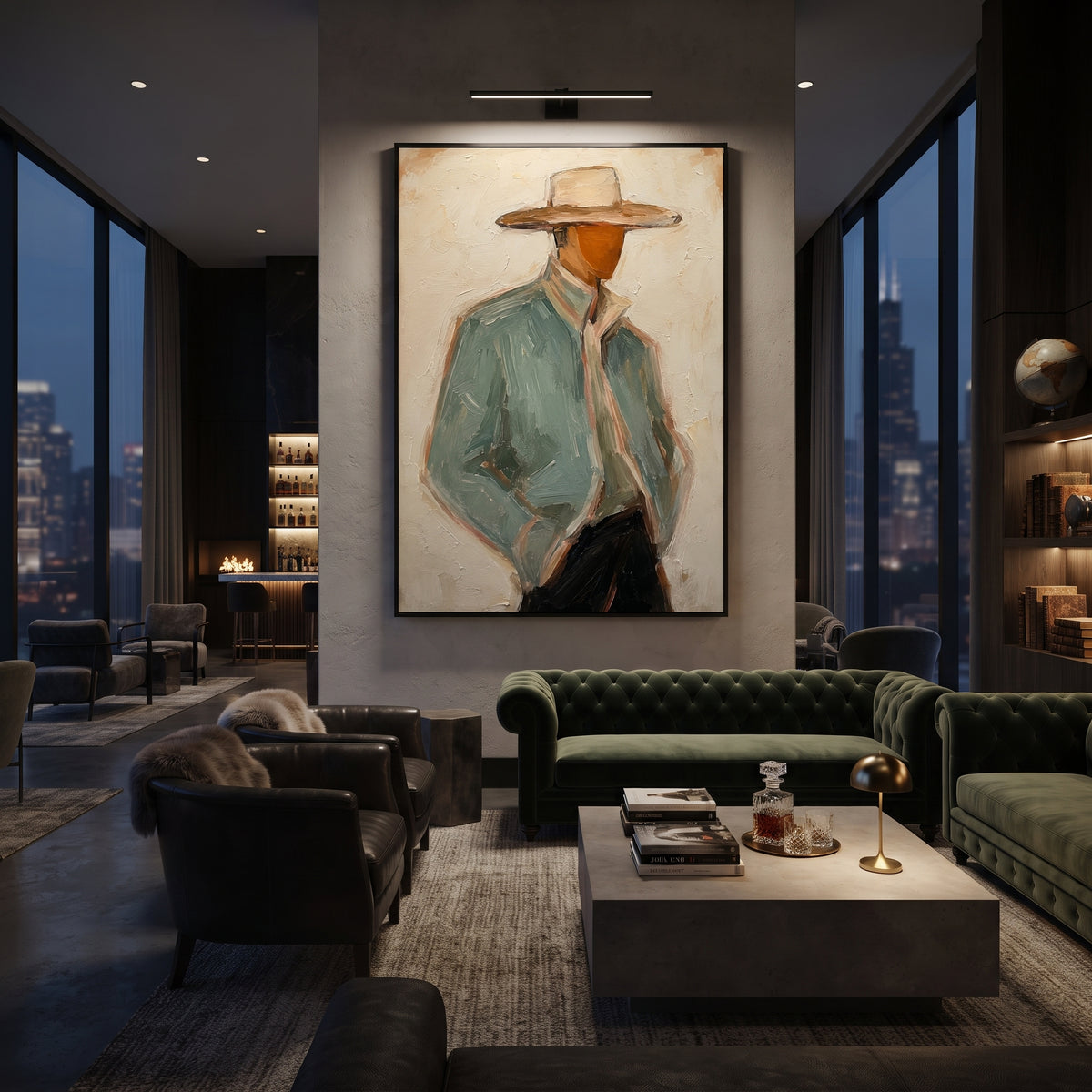 "Shadowed Sage Cowboy Portrait Painting" focuses on atmosphere, surface movement, and sculptural heavy impasto craftsmanship rather than a fixed literal storyline. The composition uses this hand-painted vertical canvas shows a close cropped cowboy in a wide tan hat and pale sage jacket, his face partly hidden by the brim as the visual anchor, while layered palette-knife paint, raised plaster-like texture, and softened brush movement create tactile depth across the canvas. Curated with a balanced