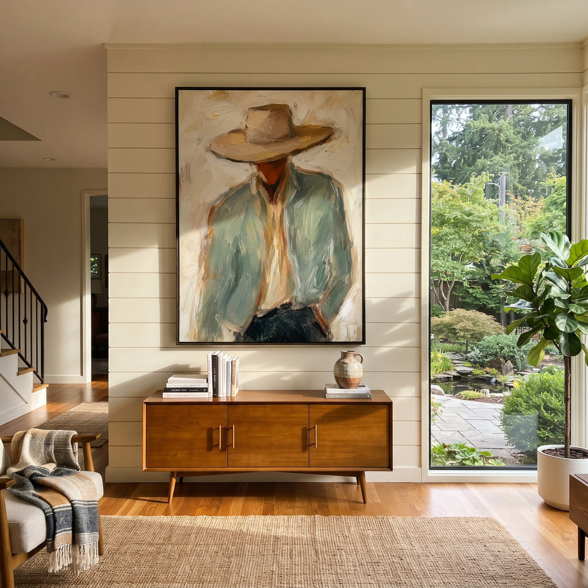 "Large Hat Cowboy Bust Painting" focuses on atmosphere, surface movement, and sculptural heavy impasto craftsmanship rather than a fixed literal storyline. The composition uses this hand-painted vertical canvas presents a cowboy bust dominated by a wide beige hat, rust brown face, pale green jacket, and cream shirt as the visual anchor, while layered palette-knife paint, raised plaster-like texture, and softened brush movement create tactile depth across the canvas. Curated with a balanced