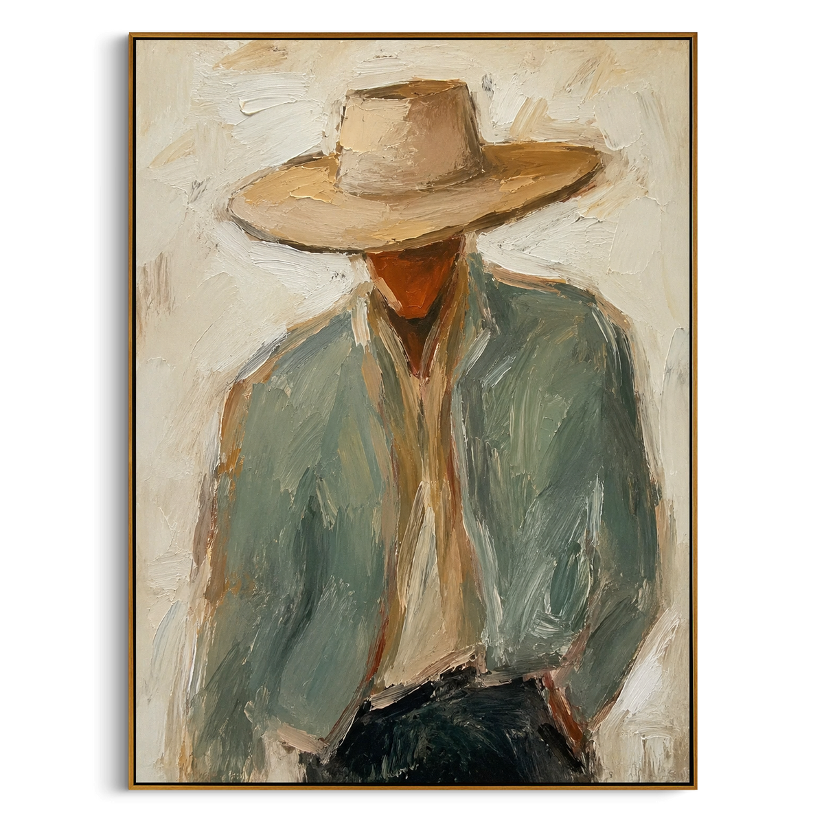 "Large Hat Cowboy Bust Painting" - Modern Heavy Impasto Western Animal Artwork | Green & Beige Palette Knife Painting | Luxury Vertical Wall Art #PT 1508