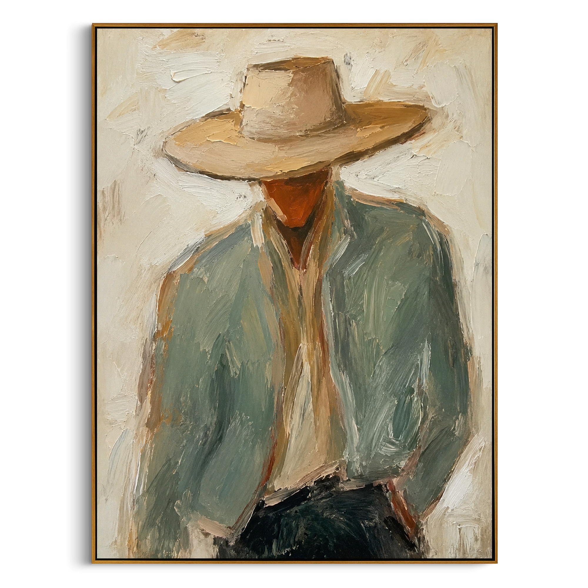 "Large Hat Cowboy Bust Painting" focuses on atmosphere, surface movement, and sculptural heavy impasto craftsmanship rather than a fixed literal storyline. The composition uses this hand-painted vertical canvas presents a cowboy bust dominated by a wide beige hat, rust brown face, pale green jacket, and cream shirt as the visual anchor, while layered palette-knife paint, raised plaster-like texture, and softened brush movement create tactile depth across the canvas. Curated with a balanced