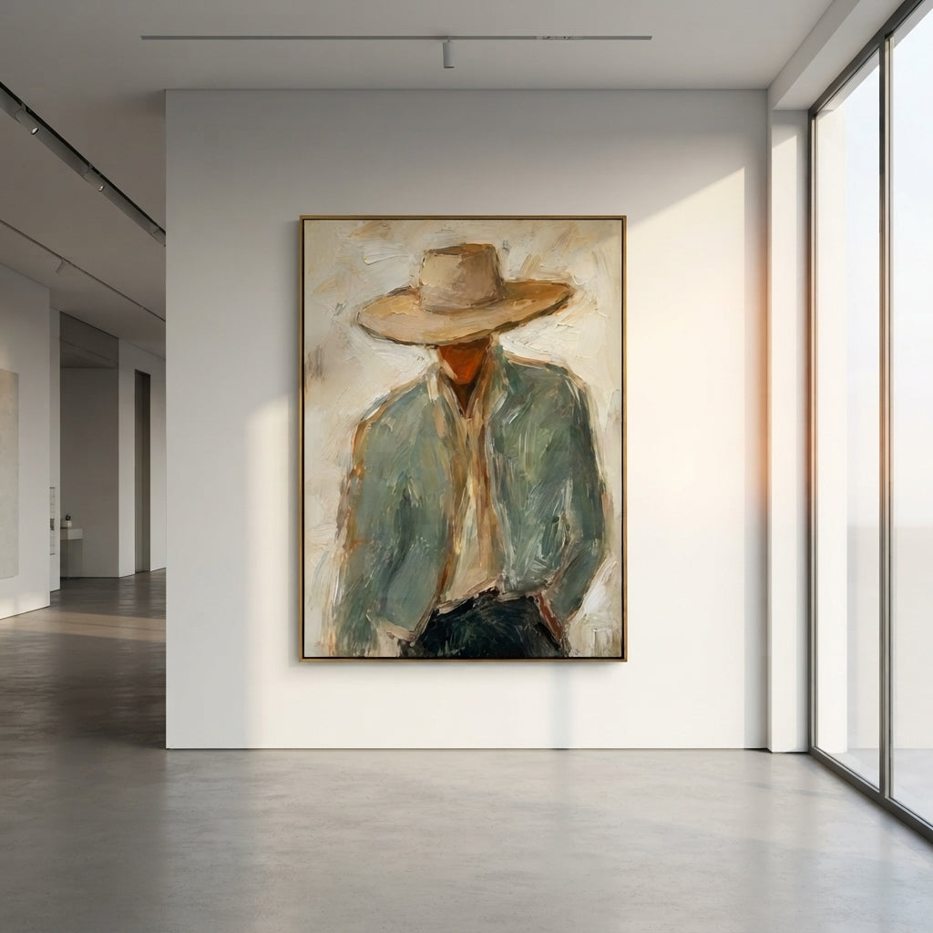 "Large Hat Cowboy Bust Painting" focuses on atmosphere, surface movement, and sculptural heavy impasto craftsmanship rather than a fixed literal storyline. The composition uses this hand-painted vertical canvas presents a cowboy bust dominated by a wide beige hat, rust brown face, pale green jacket, and cream shirt as the visual anchor, while layered palette-knife paint, raised plaster-like texture, and softened brush movement create tactile depth across the canvas. Curated with a balanced