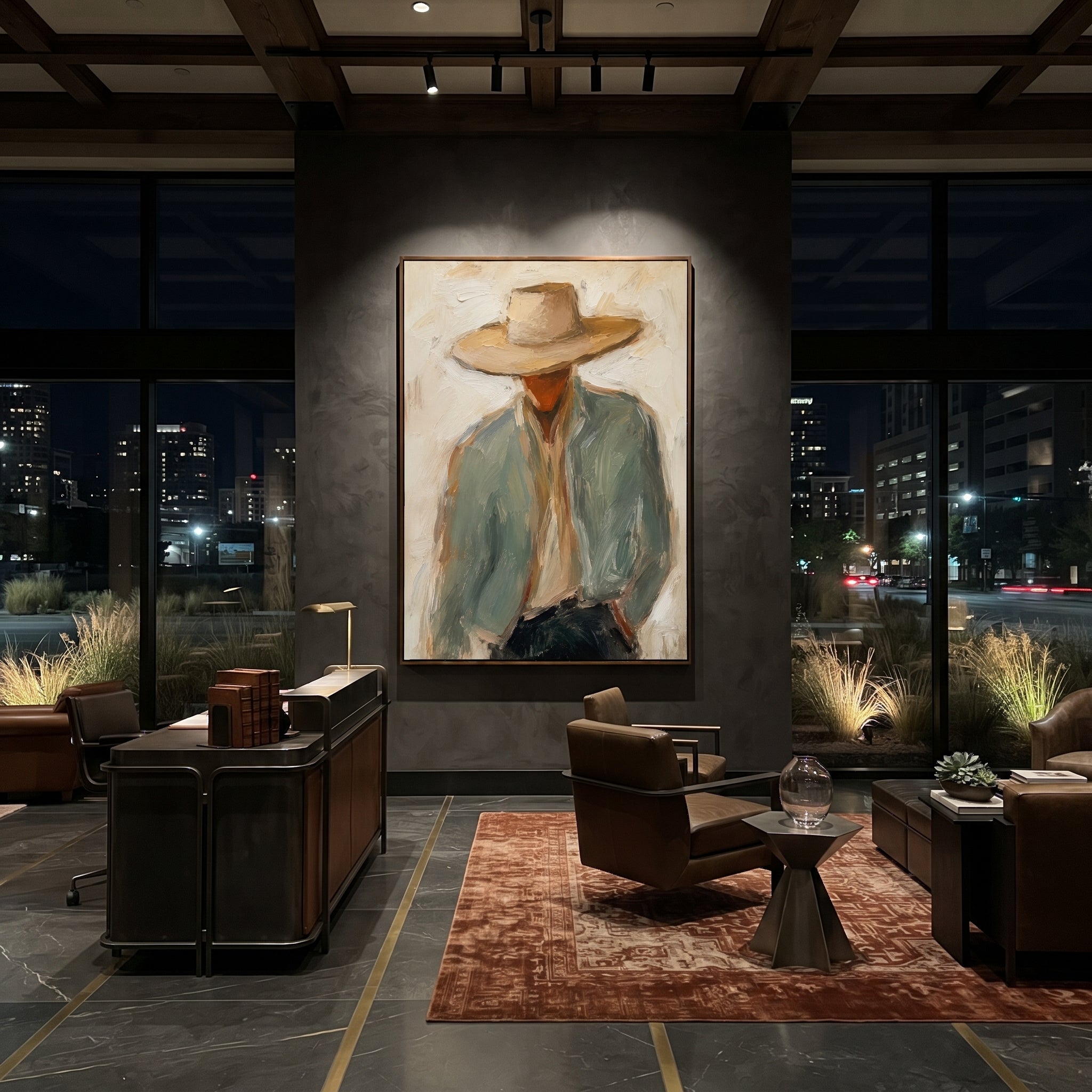 "Large Hat Cowboy Bust Painting" focuses on atmosphere, surface movement, and sculptural heavy impasto craftsmanship rather than a fixed literal storyline. The composition uses this hand-painted vertical canvas presents a cowboy bust dominated by a wide beige hat, rust brown face, pale green jacket, and cream shirt as the visual anchor, while layered palette-knife paint, raised plaster-like texture, and softened brush movement create tactile depth across the canvas. Curated with a balanced
