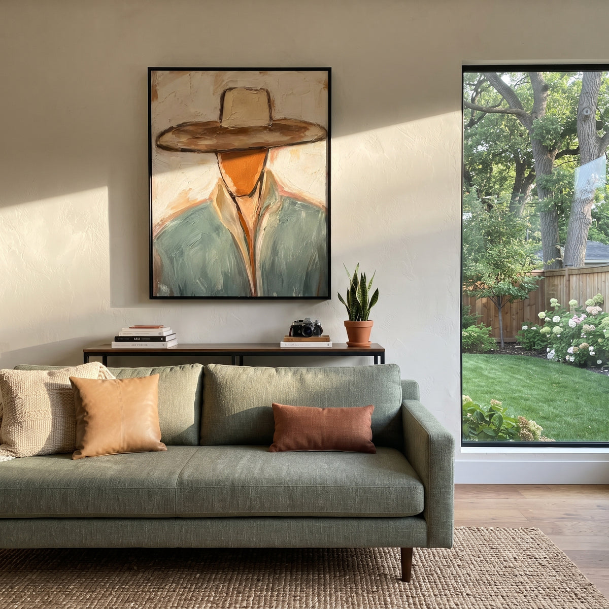 "Tan Hat Western Bust Painting" focuses on atmosphere, surface movement, and sculptural heavy impasto craftsmanship rather than a fixed literal storyline. The composition uses this hand-painted vertical canvas features a near bust-length cowboy with a broad tan hat pulled low over a faceless rust-toned head as the visual anchor, while layered palette-knife paint, raised plaster-like texture, and softened brush movement create tactile depth across the canvas. Curated with a balanced beige, green