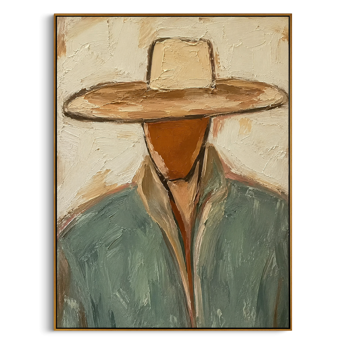 "Tan Hat Western Bust Painting" - Modern Heavy Impasto Western Animal Artwork | Beige & Green Palette Knife Painting | Luxury Vertical Wall Art #PT 1509