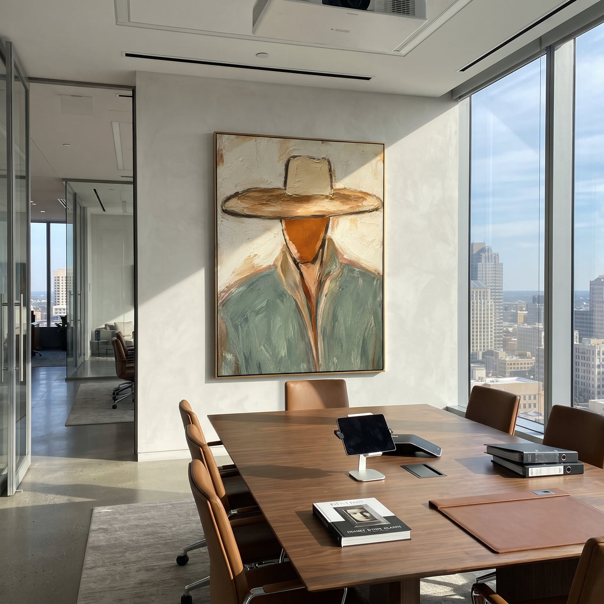 "Tan Hat Western Bust Painting" focuses on atmosphere, surface movement, and sculptural heavy impasto craftsmanship rather than a fixed literal storyline. The composition uses this hand-painted vertical canvas features a near bust-length cowboy with a broad tan hat pulled low over a faceless rust-toned head as the visual anchor, while layered palette-knife paint, raised plaster-like texture, and softened brush movement create tactile depth across the canvas. Curated with a balanced beige, green
