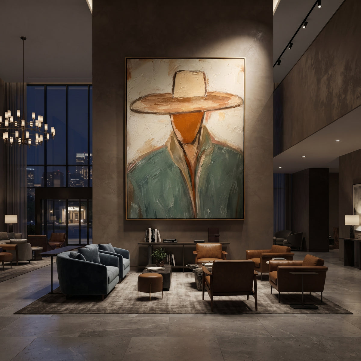 "Tan Hat Western Bust Painting" focuses on atmosphere, surface movement, and sculptural heavy impasto craftsmanship rather than a fixed literal storyline. The composition uses this hand-painted vertical canvas features a near bust-length cowboy with a broad tan hat pulled low over a faceless rust-toned head as the visual anchor, while layered palette-knife paint, raised plaster-like texture, and softened brush movement create tactile depth across the canvas. Curated with a balanced beige, green