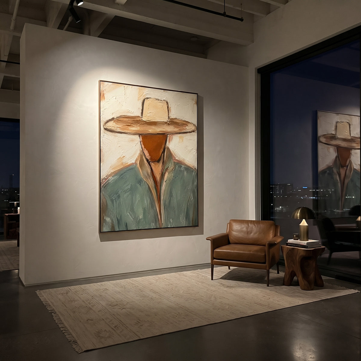 "Tan Hat Western Bust Painting" focuses on atmosphere, surface movement, and sculptural heavy impasto craftsmanship rather than a fixed literal storyline. The composition uses this hand-painted vertical canvas features a near bust-length cowboy with a broad tan hat pulled low over a faceless rust-toned head as the visual anchor, while layered palette-knife paint, raised plaster-like texture, and softened brush movement create tactile depth across the canvas. Curated with a balanced beige, green