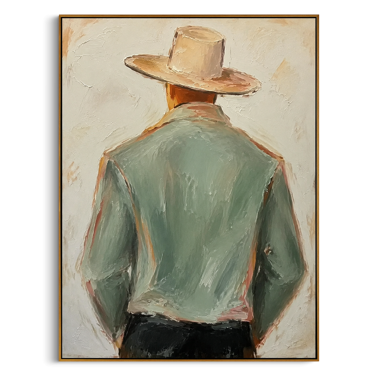 "Side Turn Sage Cowboy Painting" - Modern Heavy Impasto Western Animal Artwork | Green & Beige Palette Knife Painting | Luxury Vertical Wall Art #PT 1510