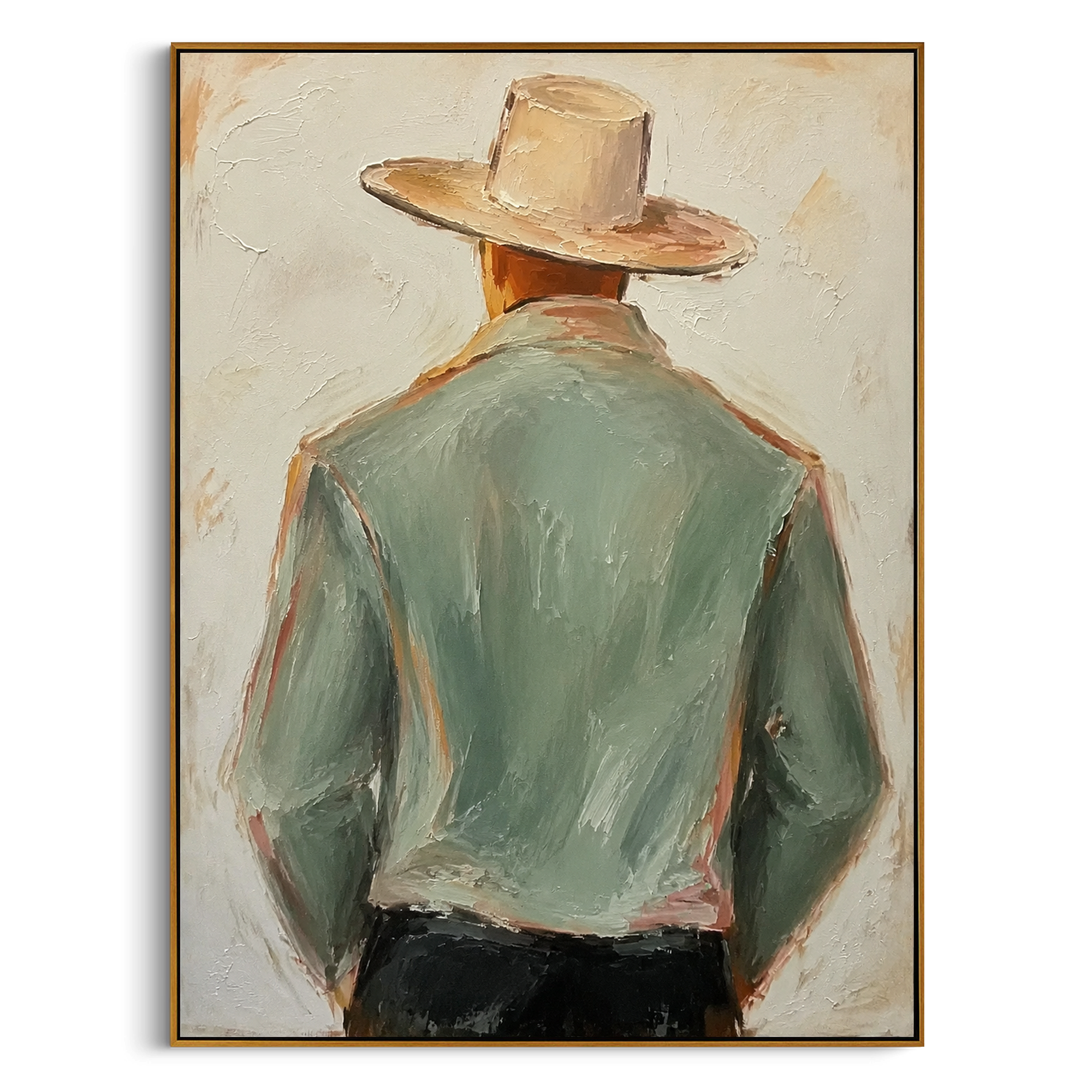 "Side Turn Sage Cowboy Painting" focuses on atmosphere, surface movement, and sculptural heavy impasto craftsmanship rather than a fixed literal storyline. The composition uses this hand-painted vertical canvas shows a side-turned cowboy in a pale green jacket and wide beige hat, with black trousers and warm brown face tones as the visual anchor, while layered palette-knife paint, raised plaster-like texture, and softened brush movement create tactile depth across the canvas. Curated with a