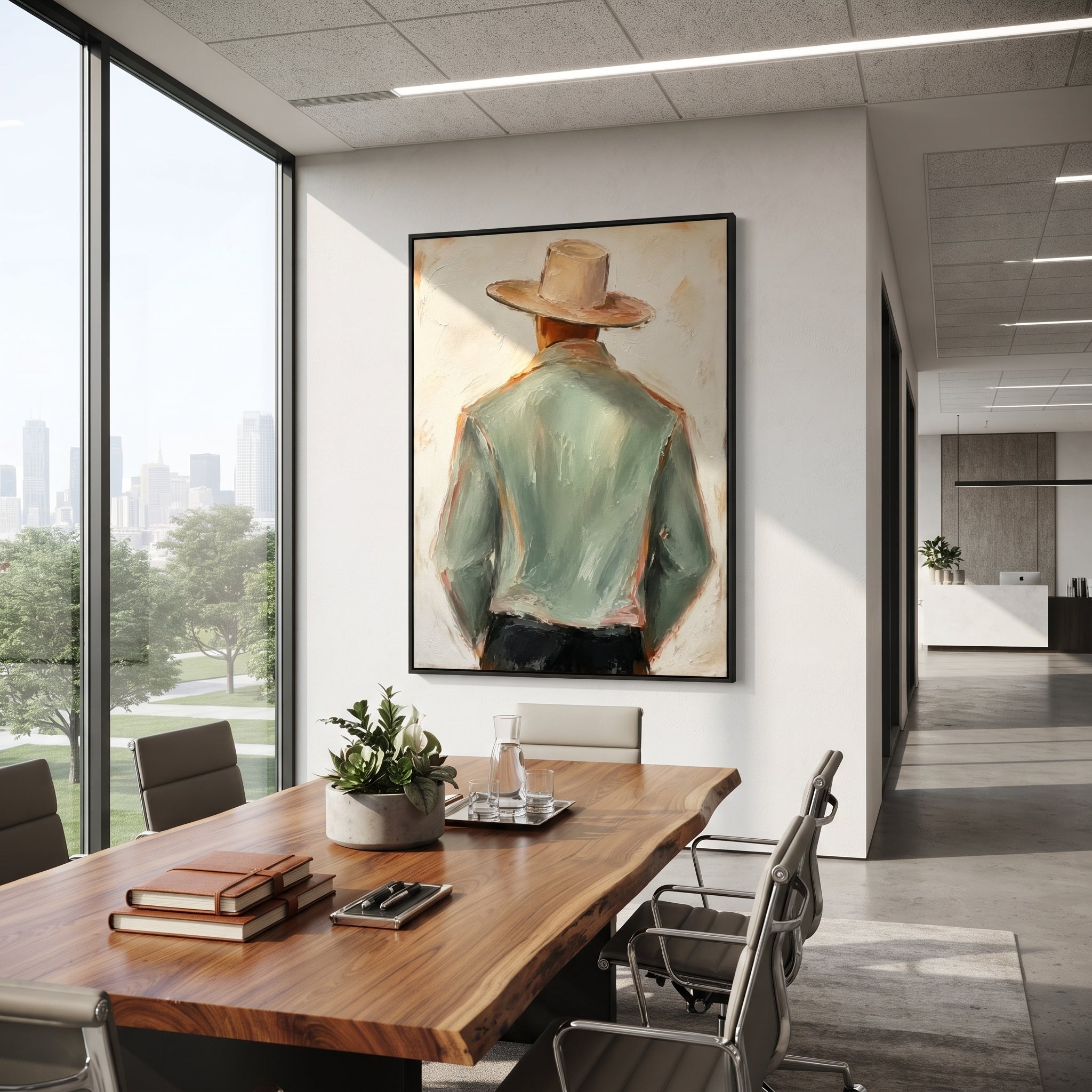 "Side Turn Sage Cowboy Painting" focuses on atmosphere, surface movement, and sculptural heavy impasto craftsmanship rather than a fixed literal storyline. The composition uses this hand-painted vertical canvas shows a side-turned cowboy in a pale green jacket and wide beige hat, with black trousers and warm brown face tones as the visual anchor, while layered palette-knife paint, raised plaster-like texture, and softened brush movement create tactile depth across the canvas. Curated with a
