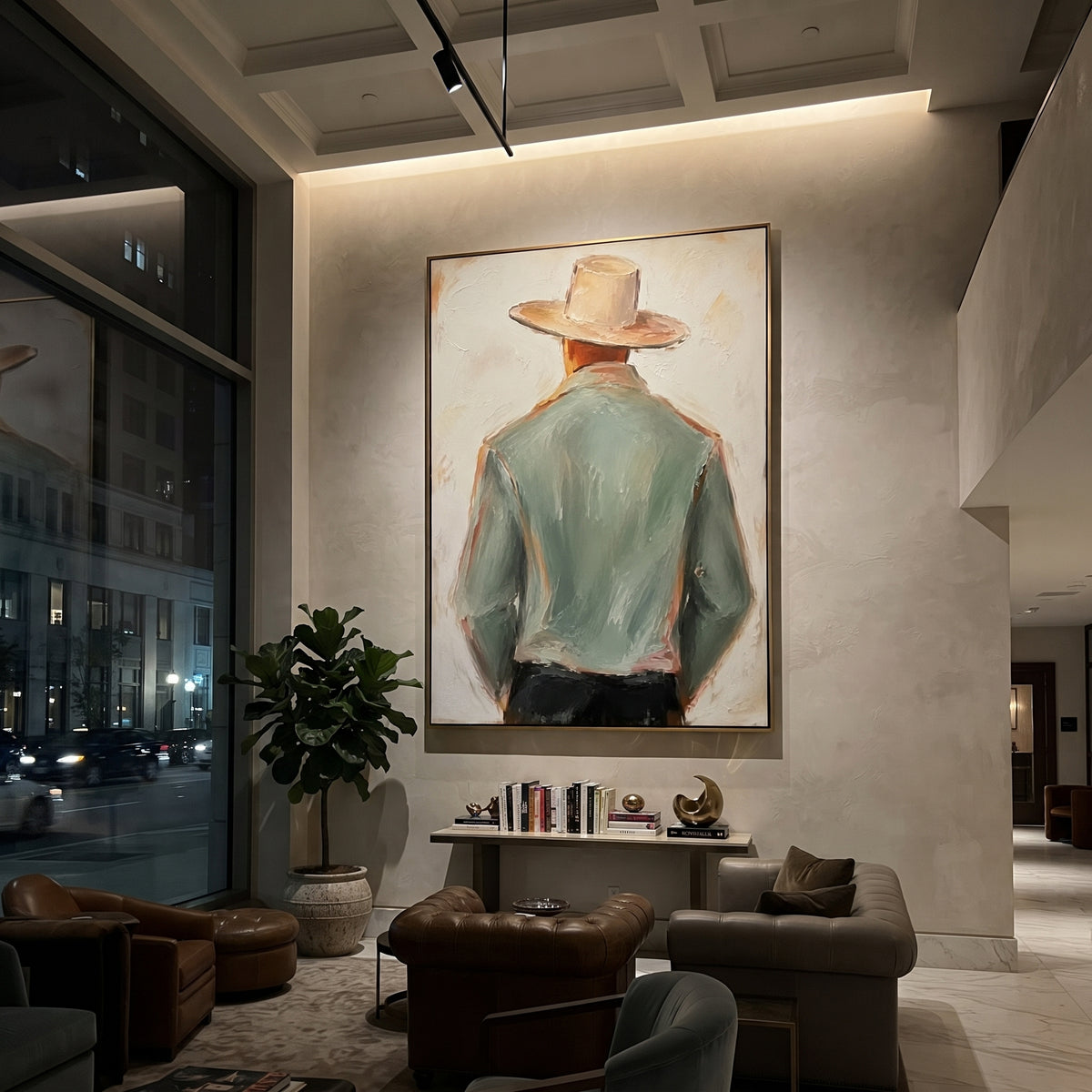 "Side Turn Sage Cowboy Painting" focuses on atmosphere, surface movement, and sculptural heavy impasto craftsmanship rather than a fixed literal storyline. The composition uses this hand-painted vertical canvas shows a side-turned cowboy in a pale green jacket and wide beige hat, with black trousers and warm brown face tones as the visual anchor, while layered palette-knife paint, raised plaster-like texture, and softened brush movement create tactile depth across the canvas. Curated with a