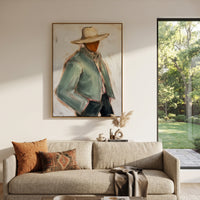 "Back View Sage Cowboy Painting" focuses on atmosphere, surface movement, and sculptural heavy impasto craftsmanship rather than a fixed literal storyline. The composition uses this hand-painted vertical canvas depicts the back view of a cowboy in a pale sage jacket and wide tan hat as the visual anchor, while layered palette-knife paint, raised plaster-like texture, and softened brush movement create tactile depth across the canvas. Curated with a balanced green, beige, black palette, the