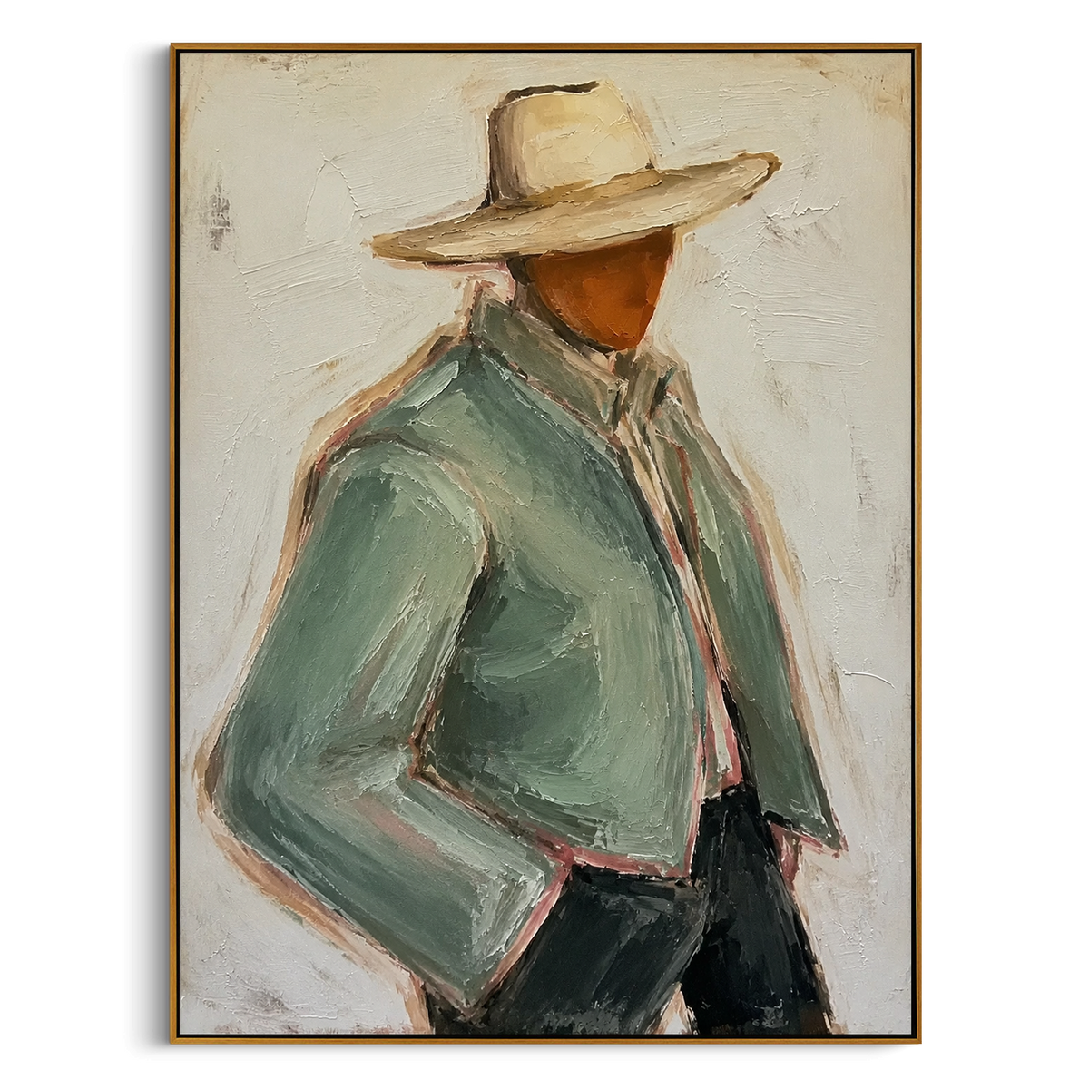 "Back View Sage Cowboy Painting" - Modern Heavy Impasto Western Animal Artwork | Green & Beige Palette Knife Painting | Luxury Vertical Wall Art #PT 1511