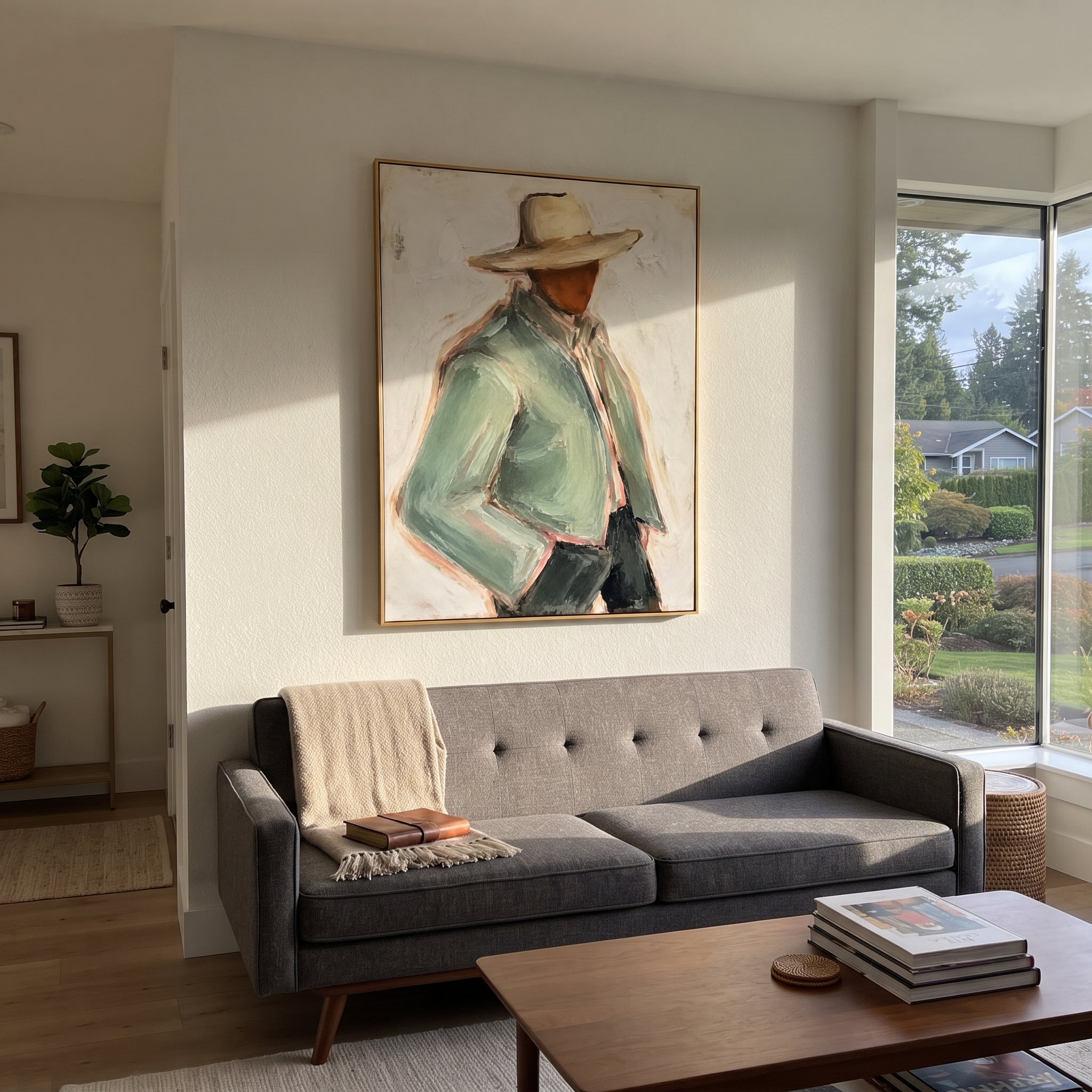 "Back View Sage Cowboy Painting" focuses on atmosphere, surface movement, and sculptural heavy impasto craftsmanship rather than a fixed literal storyline. The composition uses this hand-painted vertical canvas depicts the back view of a cowboy in a pale sage jacket and wide tan hat as the visual anchor, while layered palette-knife paint, raised plaster-like texture, and softened brush movement create tactile depth across the canvas. Curated with a balanced green, beige, black palette, the