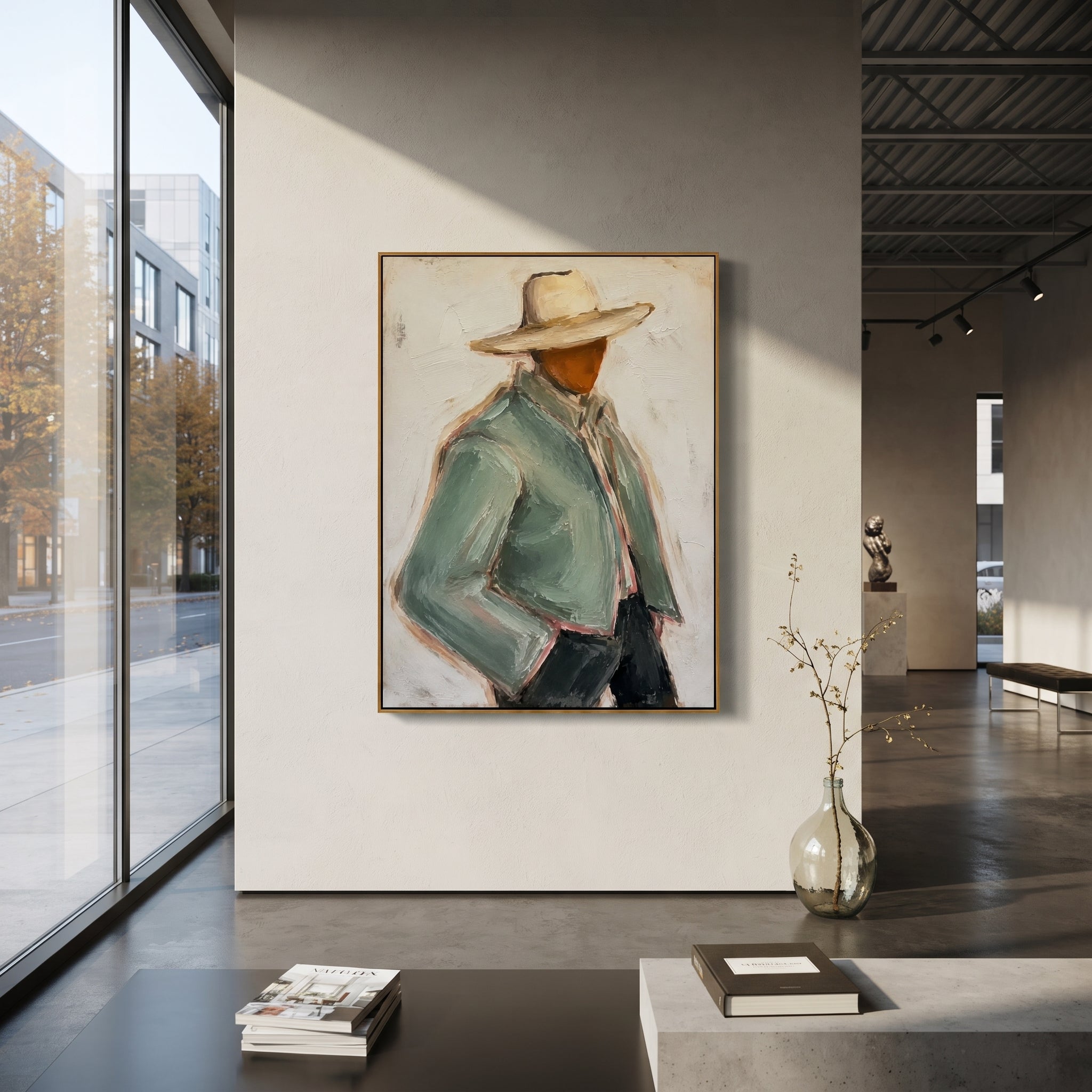 "Back View Sage Cowboy Painting" focuses on atmosphere, surface movement, and sculptural heavy impasto craftsmanship rather than a fixed literal storyline. The composition uses this hand-painted vertical canvas depicts the back view of a cowboy in a pale sage jacket and wide tan hat as the visual anchor, while layered palette-knife paint, raised plaster-like texture, and softened brush movement create tactile depth across the canvas. Curated with a balanced green, beige, black palette, the