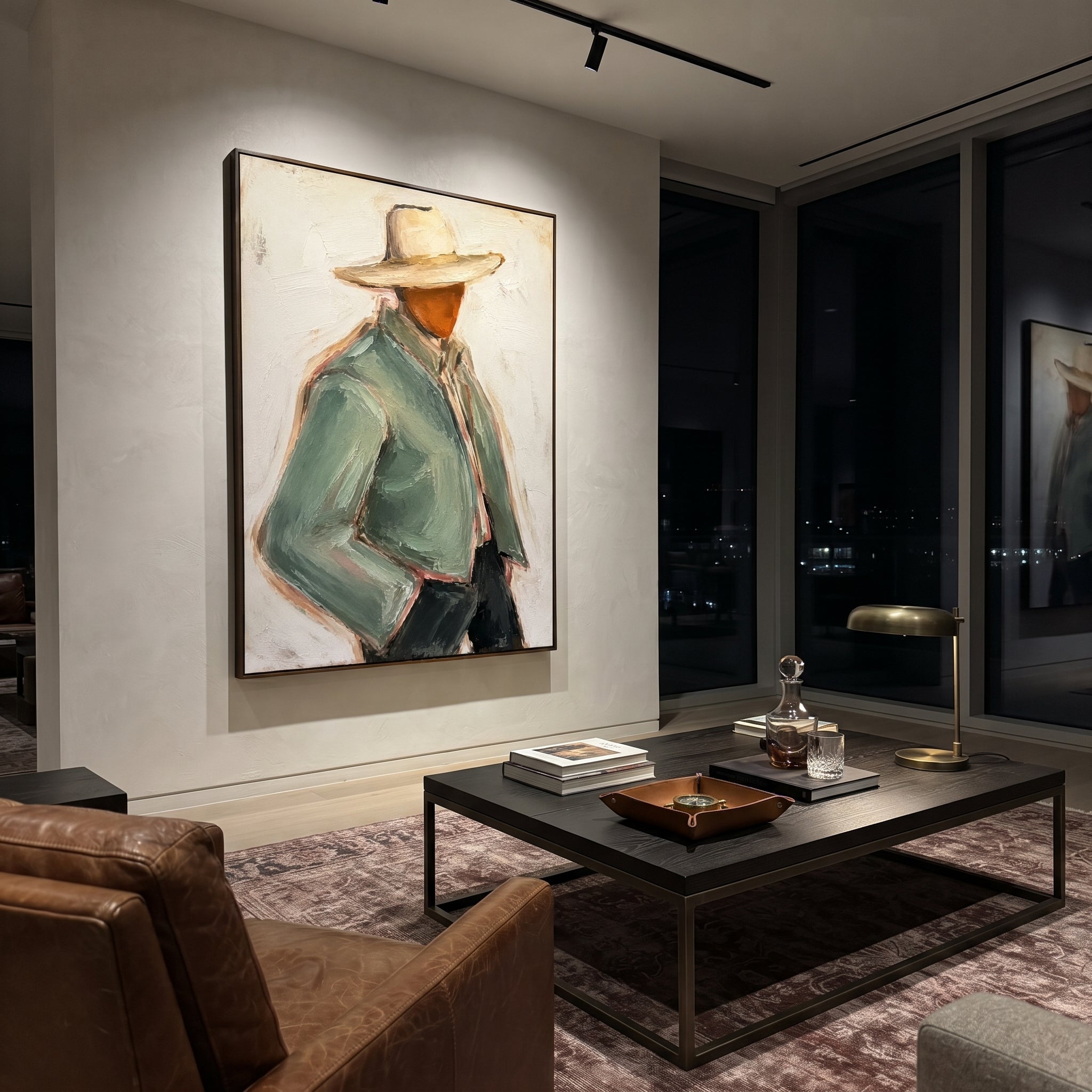 "Back View Sage Cowboy Painting" focuses on atmosphere, surface movement, and sculptural heavy impasto craftsmanship rather than a fixed literal storyline. The composition uses this hand-painted vertical canvas depicts the back view of a cowboy in a pale sage jacket and wide tan hat as the visual anchor, while layered palette-knife paint, raised plaster-like texture, and softened brush movement create tactile depth across the canvas. Curated with a balanced green, beige, black palette, the