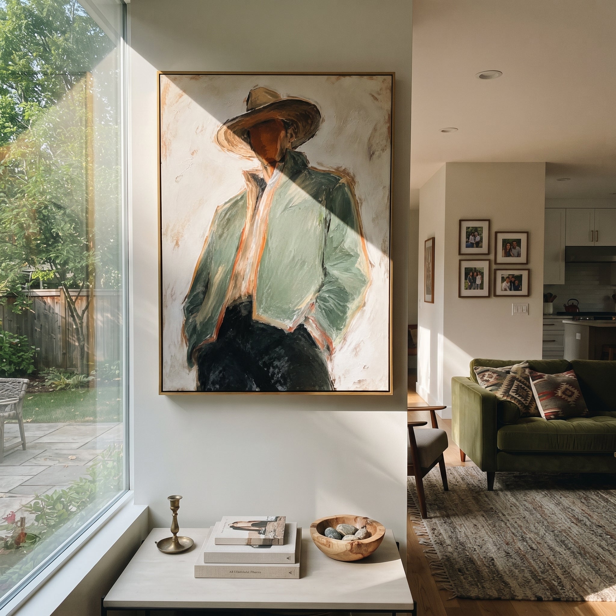 "Leaning Sage Jacket Cowboy Painting" focuses on atmosphere, surface movement, and sculptural heavy impasto craftsmanship rather than a fixed literal storyline. The composition uses this hand-painted vertical canvas shows a leaning cowboy in a broad brown hat, pale sage jacket, cream scarf, and black trousers as the visual anchor, while layered palette-knife paint, raised plaster-like texture, and softened brush movement create tactile depth across the canvas. Curated with a balanced green