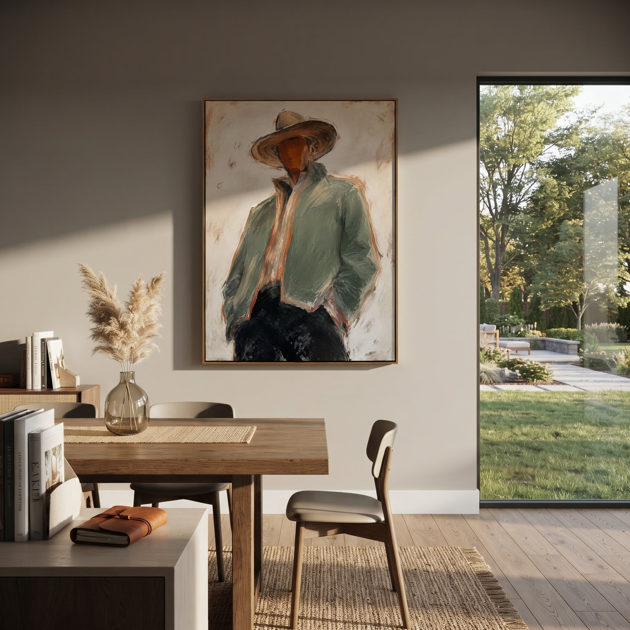"Leaning Sage Jacket Cowboy Painting" focuses on atmosphere, surface movement, and sculptural heavy impasto craftsmanship rather than a fixed literal storyline. The composition uses this hand-painted vertical canvas shows a leaning cowboy in a broad brown hat, pale sage jacket, cream scarf, and black trousers as the visual anchor, while layered palette-knife paint, raised plaster-like texture, and softened brush movement create tactile depth across the canvas. Curated with a balanced green