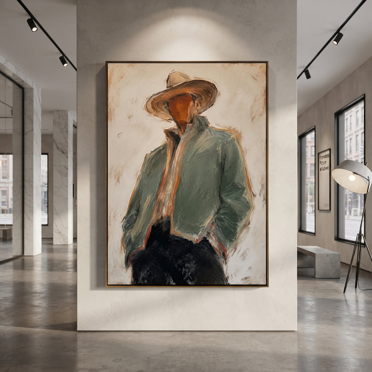 "Leaning Sage Jacket Cowboy Painting" focuses on atmosphere, surface movement, and sculptural heavy impasto craftsmanship rather than a fixed literal storyline. The composition uses this hand-painted vertical canvas shows a leaning cowboy in a broad brown hat, pale sage jacket, cream scarf, and black trousers as the visual anchor, while layered palette-knife paint, raised plaster-like texture, and softened brush movement create tactile depth across the canvas. Curated with a balanced green