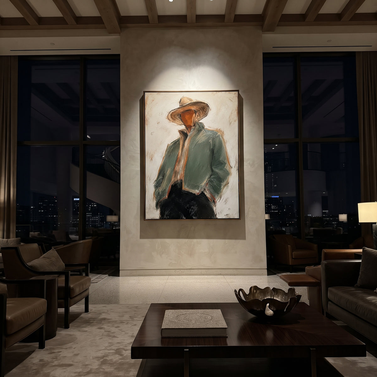 "Leaning Sage Jacket Cowboy Painting" focuses on atmosphere, surface movement, and sculptural heavy impasto craftsmanship rather than a fixed literal storyline. The composition uses this hand-painted vertical canvas shows a leaning cowboy in a broad brown hat, pale sage jacket, cream scarf, and black trousers as the visual anchor, while layered palette-knife paint, raised plaster-like texture, and softened brush movement create tactile depth across the canvas. Curated with a balanced green