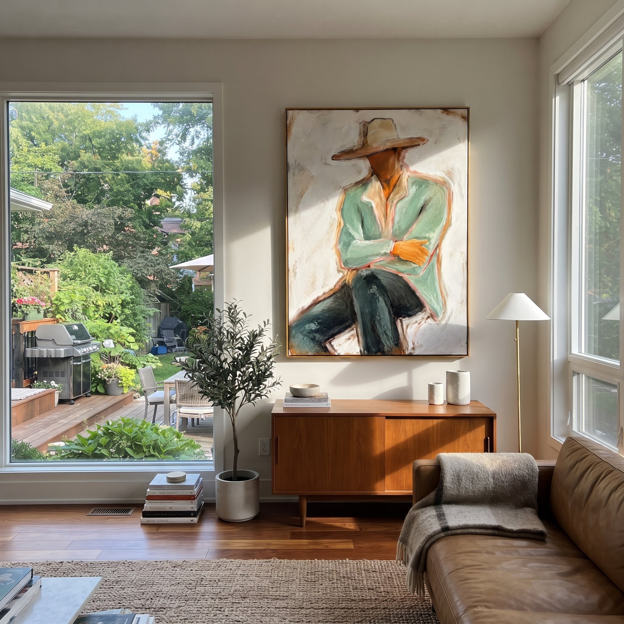 "Low Brim Cowboy Figure Painting" focuses on atmosphere, surface movement, and sculptural heavy impasto craftsmanship rather than a fixed literal storyline. The composition uses this hand-painted vertical canvas presents a faceless cowboy under a low wide beige hat, wearing a muted sage jacket and cream shirt as the visual anchor, while layered palette-knife paint, raised plaster-like texture, and softened brush movement create tactile depth across the canvas. Curated with a balanced green