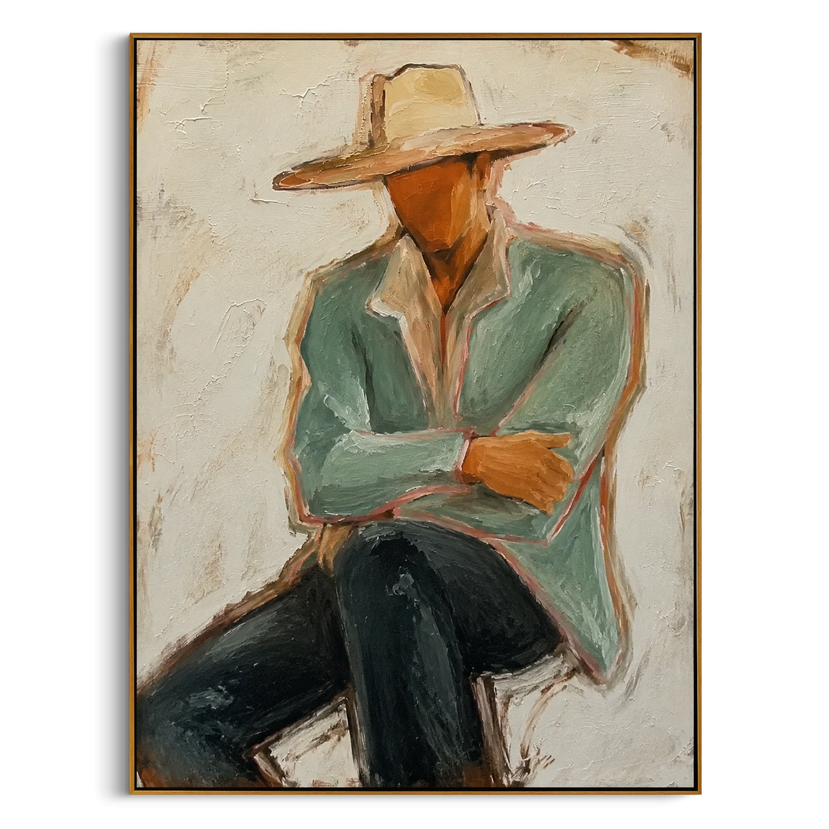 "Low Brim Cowboy Figure Painting" - Modern Heavy Impasto Western Animal Artwork | Green & Beige Palette Knife Painting | Luxury Vertical Wall Art #PT 1513