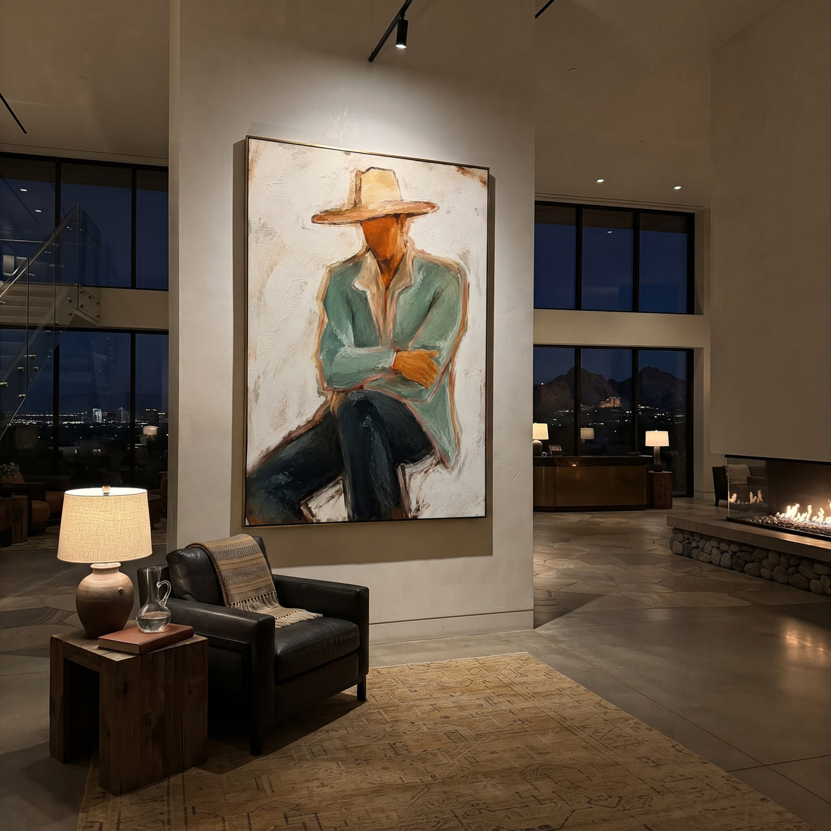 "Low Brim Cowboy Figure Painting" focuses on atmosphere, surface movement, and sculptural heavy impasto craftsmanship rather than a fixed literal storyline. The composition uses this hand-painted vertical canvas presents a faceless cowboy under a low wide beige hat, wearing a muted sage jacket and cream shirt as the visual anchor, while layered palette-knife paint, raised plaster-like texture, and softened brush movement create tactile depth across the canvas. Curated with a balanced green